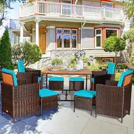Gymax - 9PCS Rattan Wicker Dining Set Patio Outdoor Furniture Set w/ Turquoise Cushion - as pic