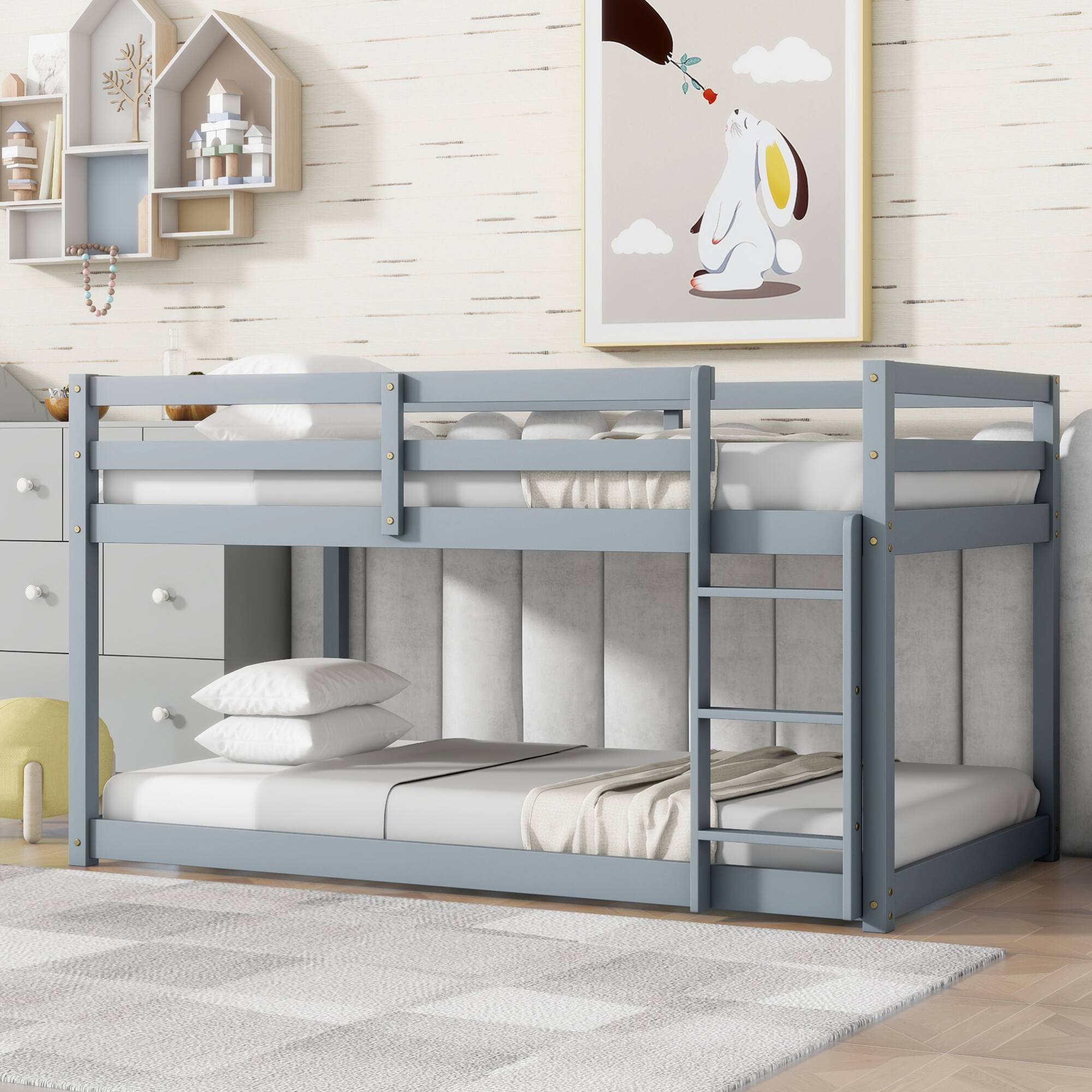 Alt View 6. GOODSILO - Solid Wood Twin Over Twin Floor Bunk Bed with Ladder and Strengthened Slats for Enhanced Stability - Grey.