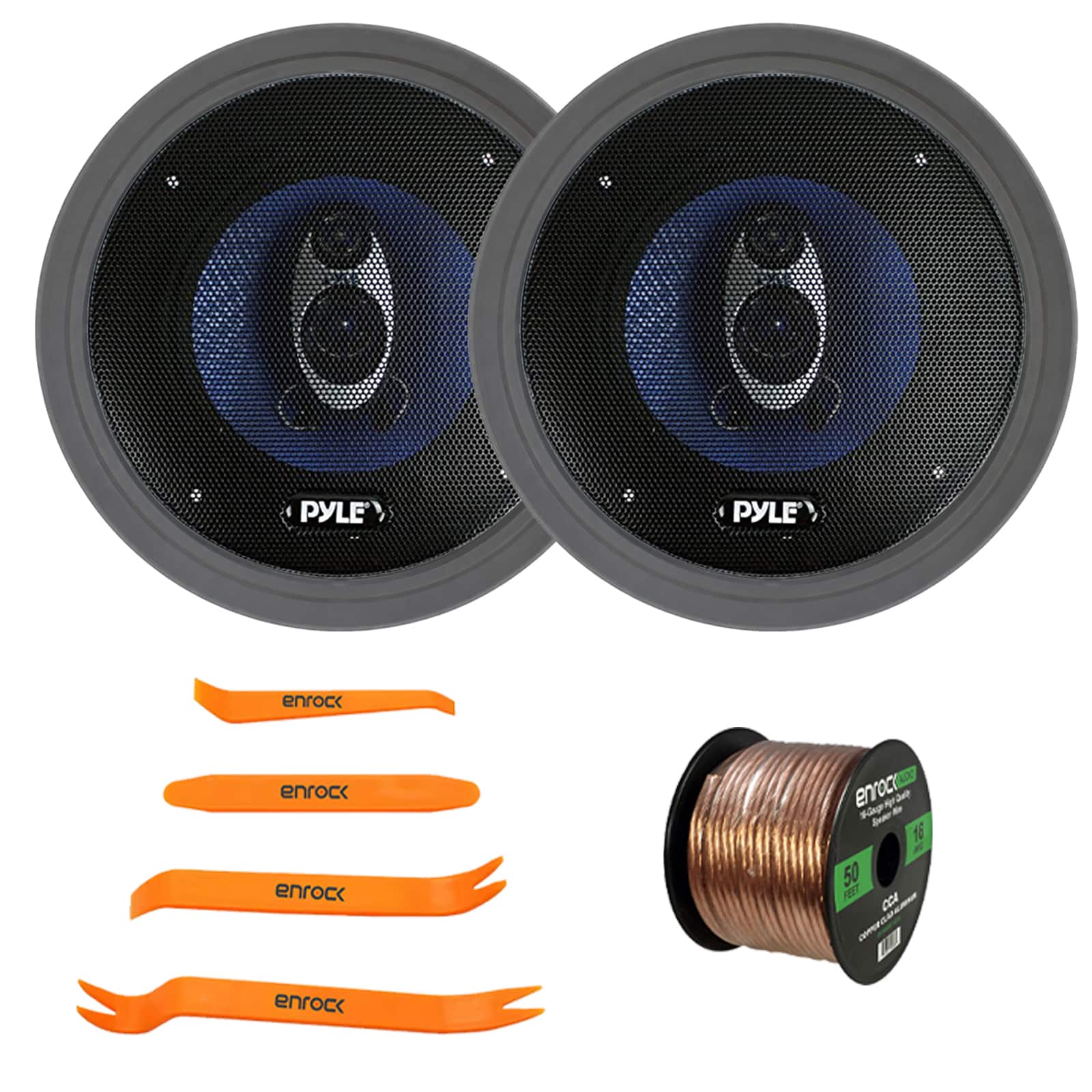 Pyle - PL63BL 6.5'' 360 Watt 3-Way Car Audio Speakers (Pair), 2x 6.5" Adjustable Speaker Baffle, Pry Tool Set, Wire