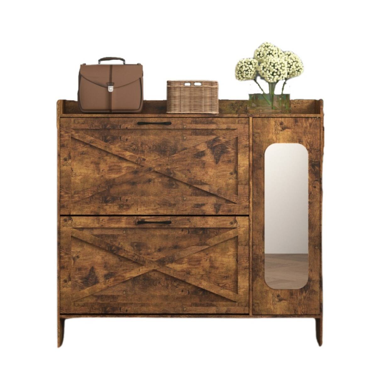 Front. Halitaa - Shoe Storage Cabinet with 2 Flip Drawers & Side Cabinet and Hooks,Farmhouse Shoe Organizer with Mirror Door for Entryway - Brown.