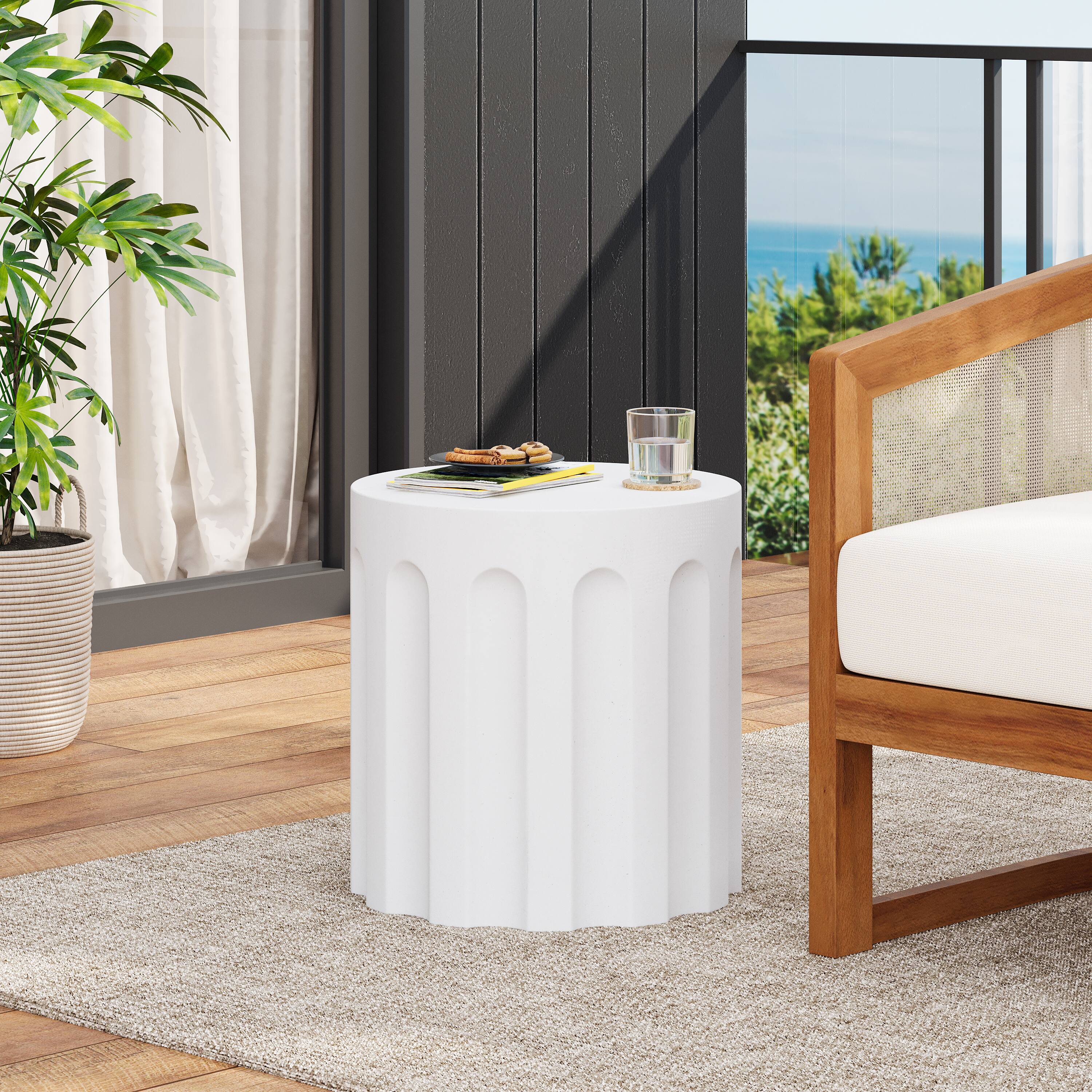 Front. Whisen - Outdoor Cylinder Concrete Side Table Indoor MGO End Table with Grooved Design For Backyard - White.
