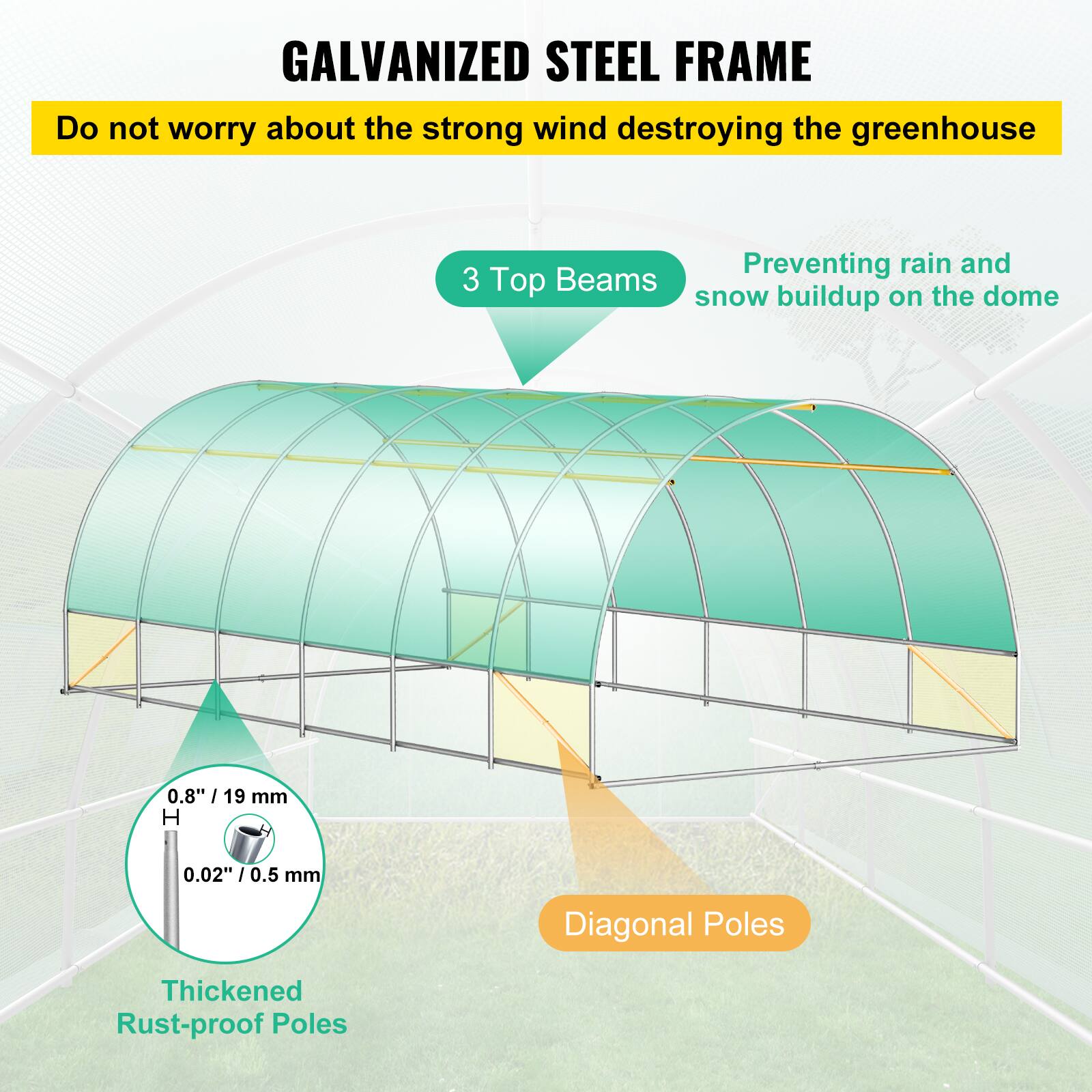 GALVANIZED STEEL FRAME

Do not worry about the strong wind destroying the greenhouse

3 Top Beams
Preventing rain and snow buildup on the dome

0.8"/ 19 mm H
0.02" / 0.5 mm

Diagonal Poles
Thickened Rust-proof Poles