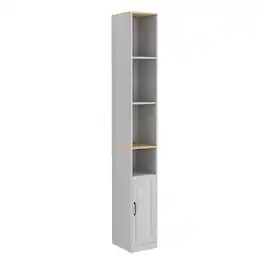Ecooso - 72" 6-Tier Tall Slim Storage Cabinet, 1 Door and 2 Adjustable Shelves, Bookcase , Cube CD DVD Storage Cabinet - Brown
