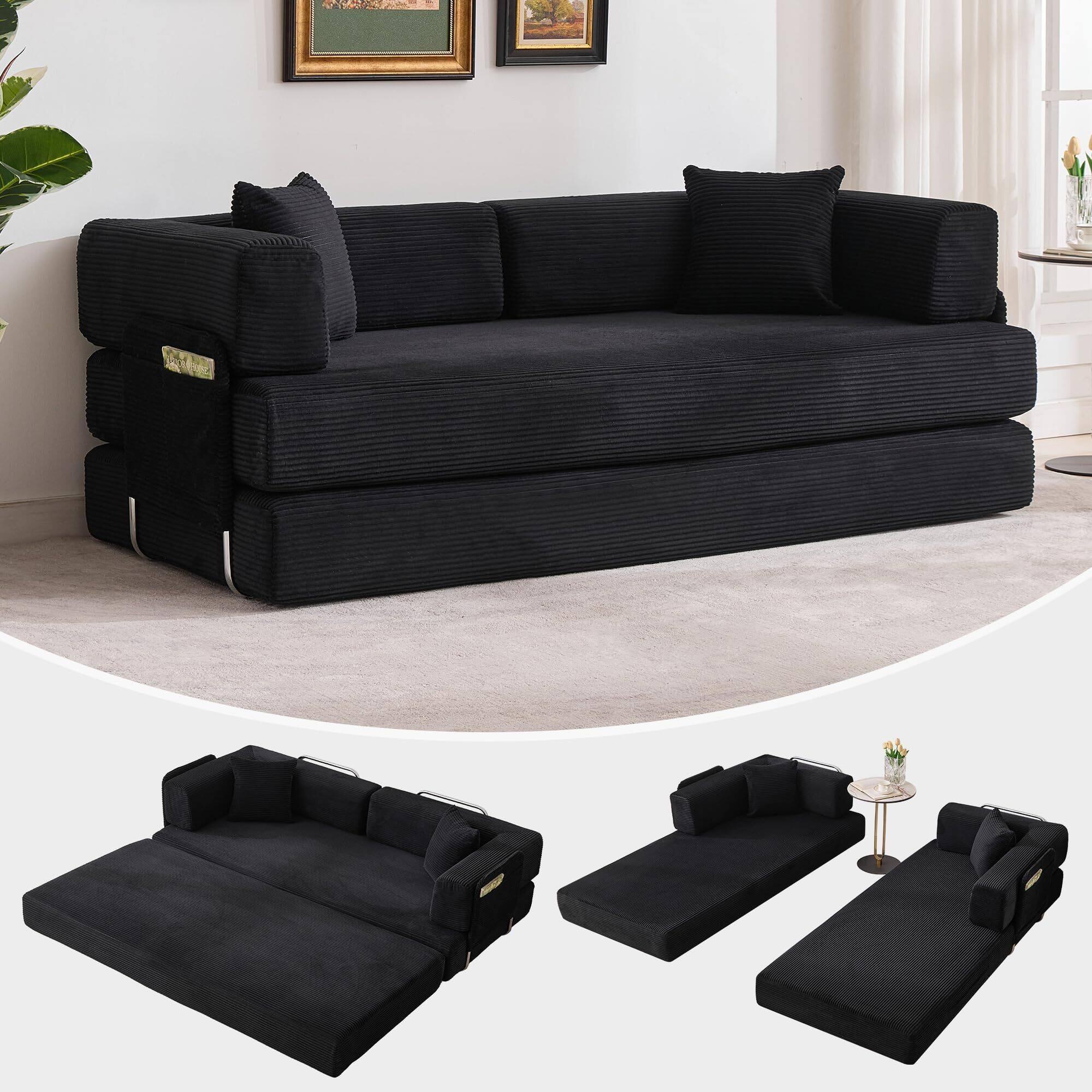 Front. Acekool - 78.8" Convertible Chaise Lounge Sofa Bed, Oversized Folding Chair with Pillow, Upholstered in Soft Breathable - Black.