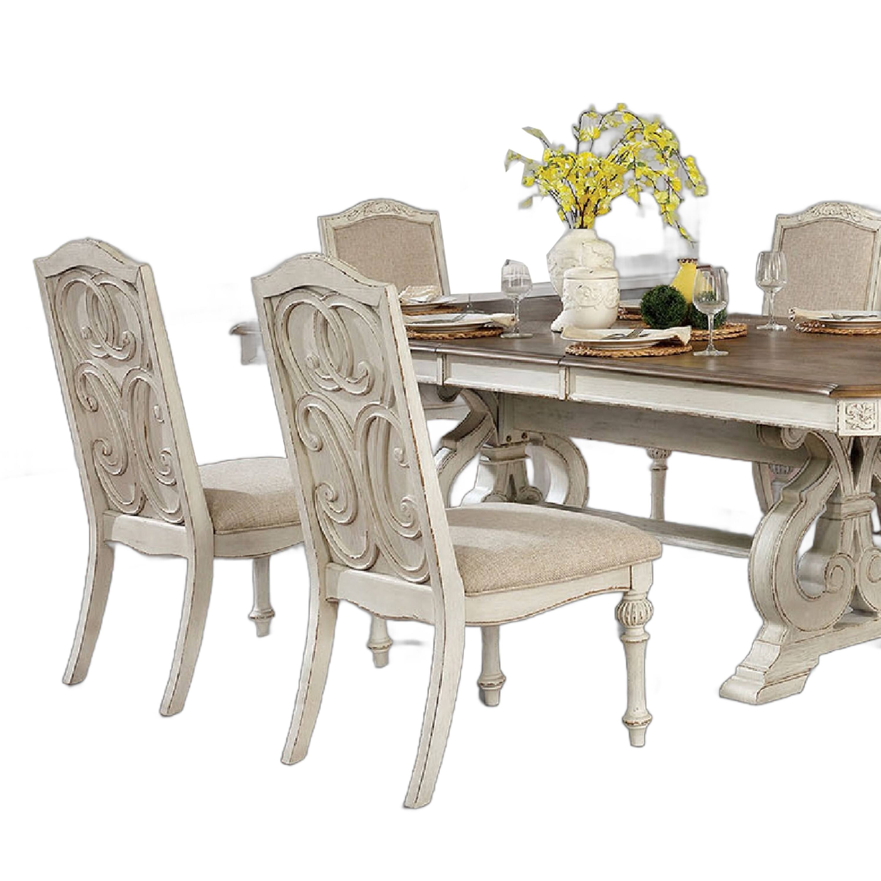 Alt View 1. Manhattan Lane - Arca 7pc Dining Table Set with Fabric Chairs, Antique White Solid Wood - White.