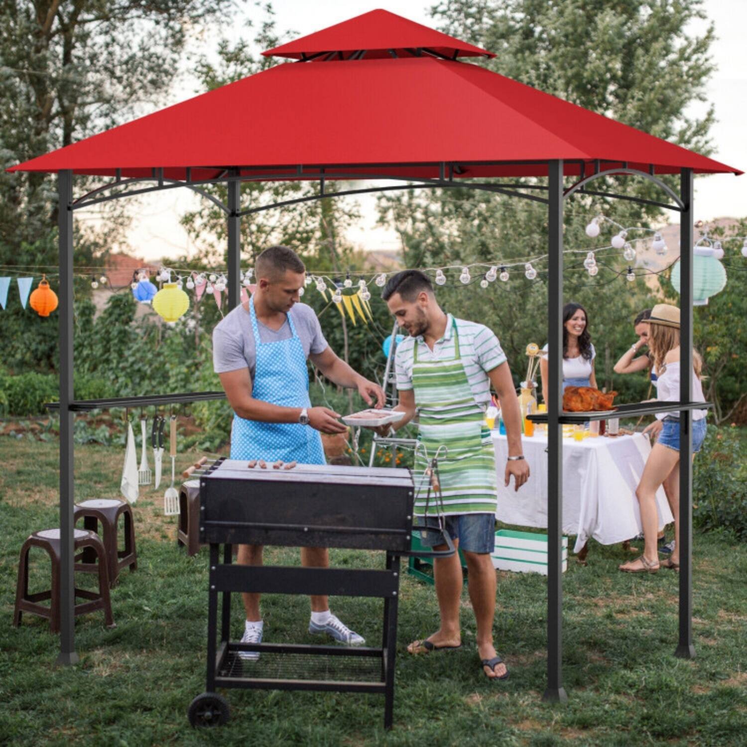 Alt View 4. Mondawe - 8 x 5 FT Freestanding Grill Gazebo Canopy with 2 Shelves, 5 Hooks, and Bottle Opener - Dark Red.