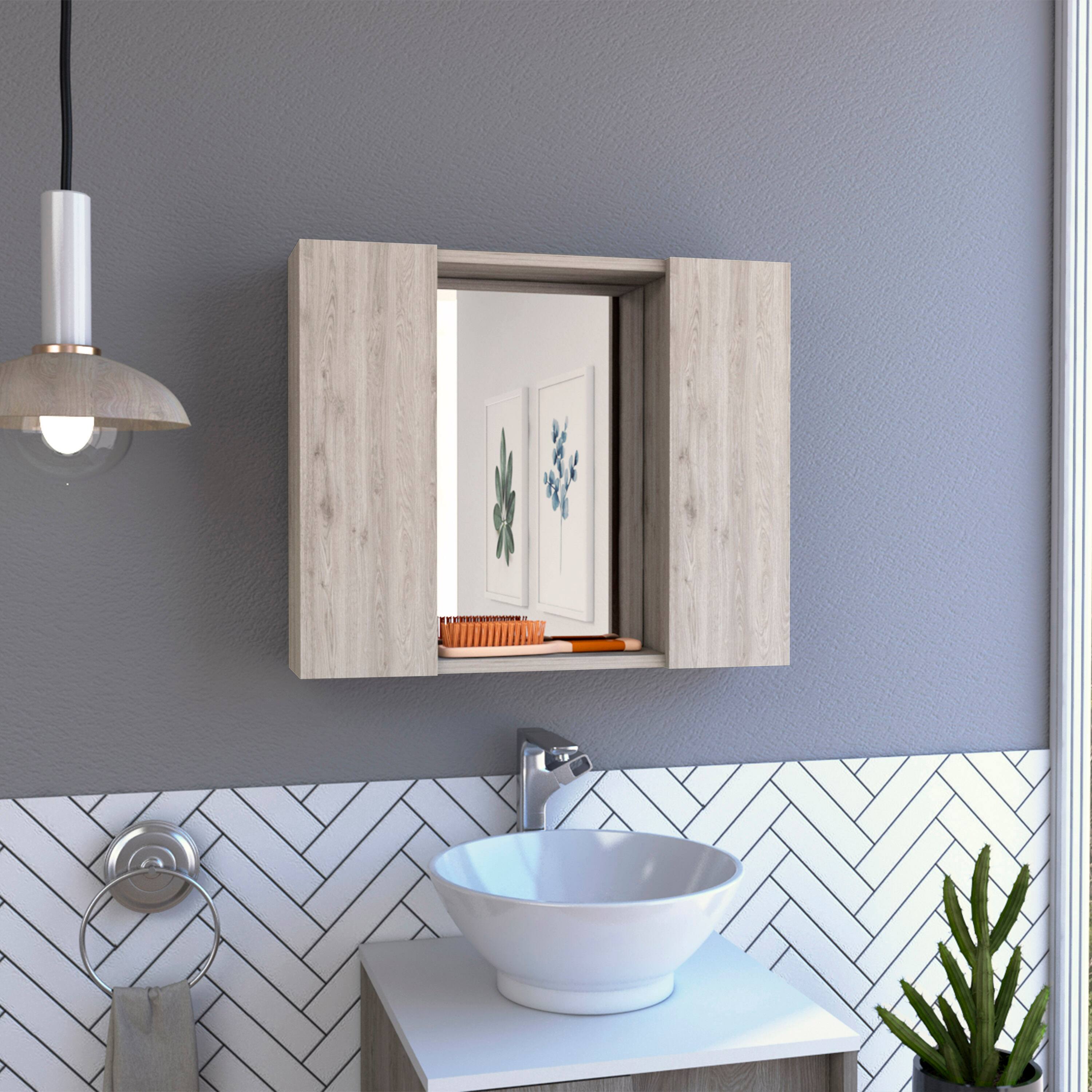 Left. TuHome - Wall-Mount Mirror Medicine Cabinet with Two Doors for Interior Storage - Light Gray.