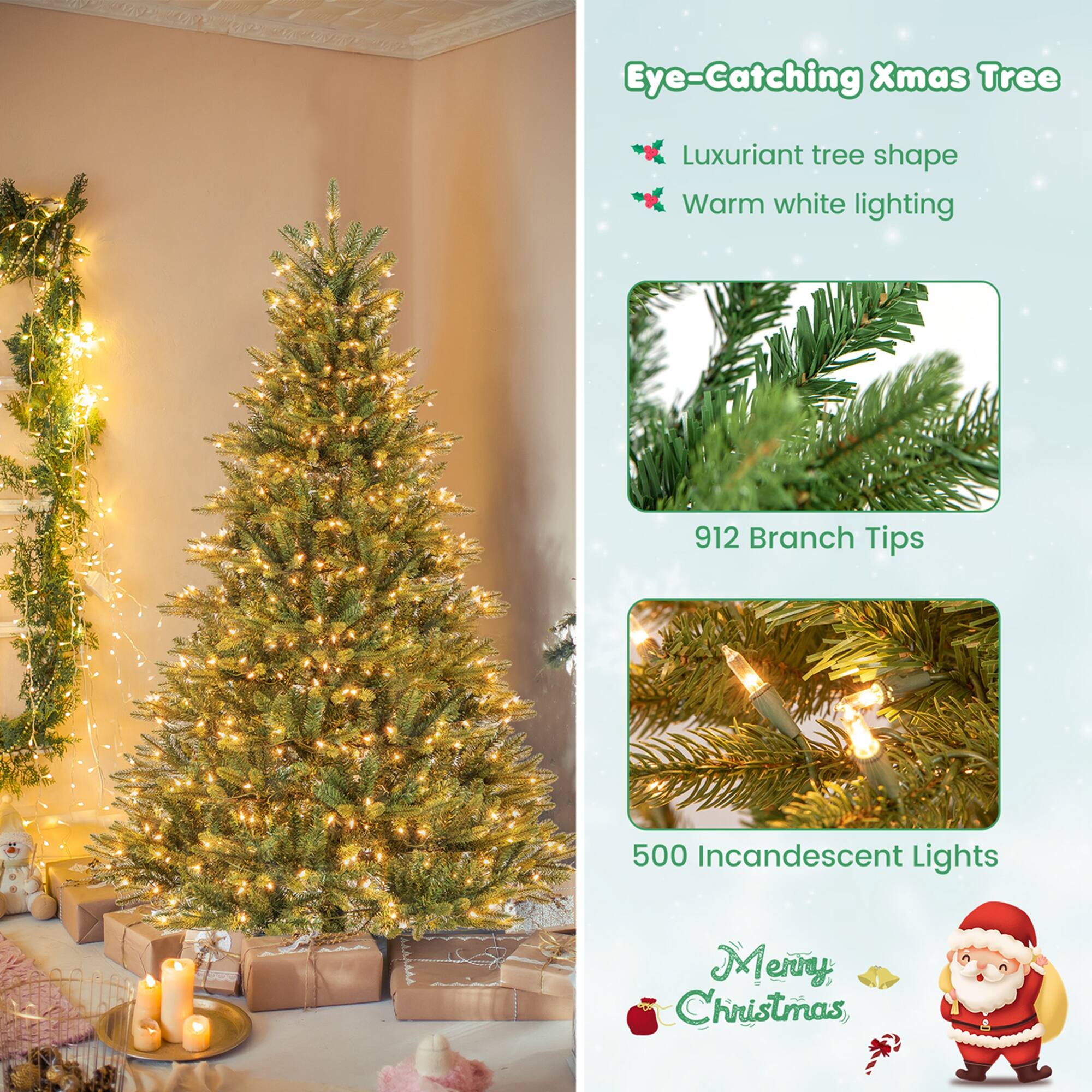 Eye-Catching Xmas Tree Luxuriant tree shape Warm white lighting 912 Branch Tips 500 Incandescent Lights Merry Christmas.