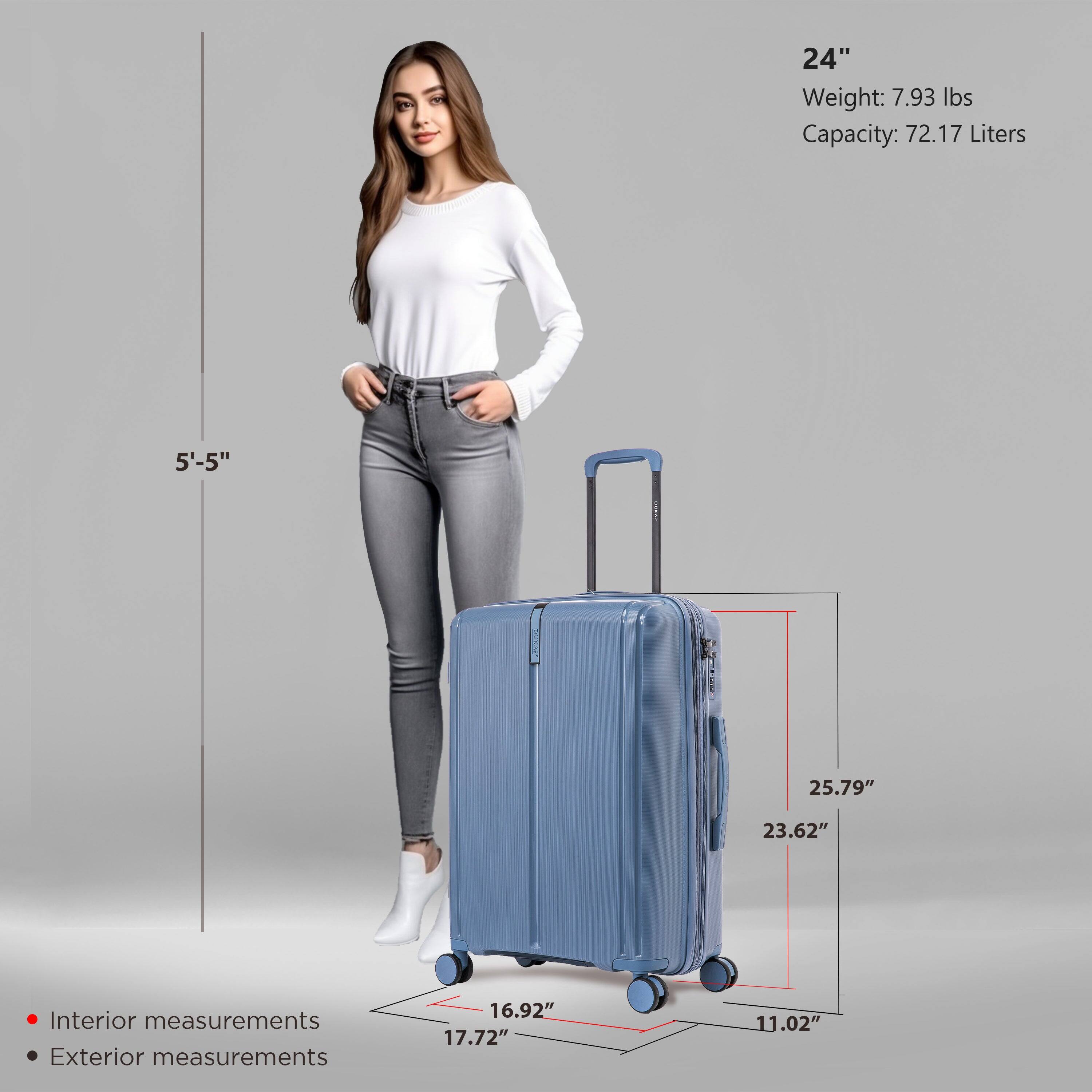 24"  
Weight: 7.93 lbs  
Capacity: 72.17 Liters  

5'-5"  

Interior measurements:  
16.92" x 17.72" x 11.02"  

Exterior measurements:  
25.79" x 23.62" x 11.02"