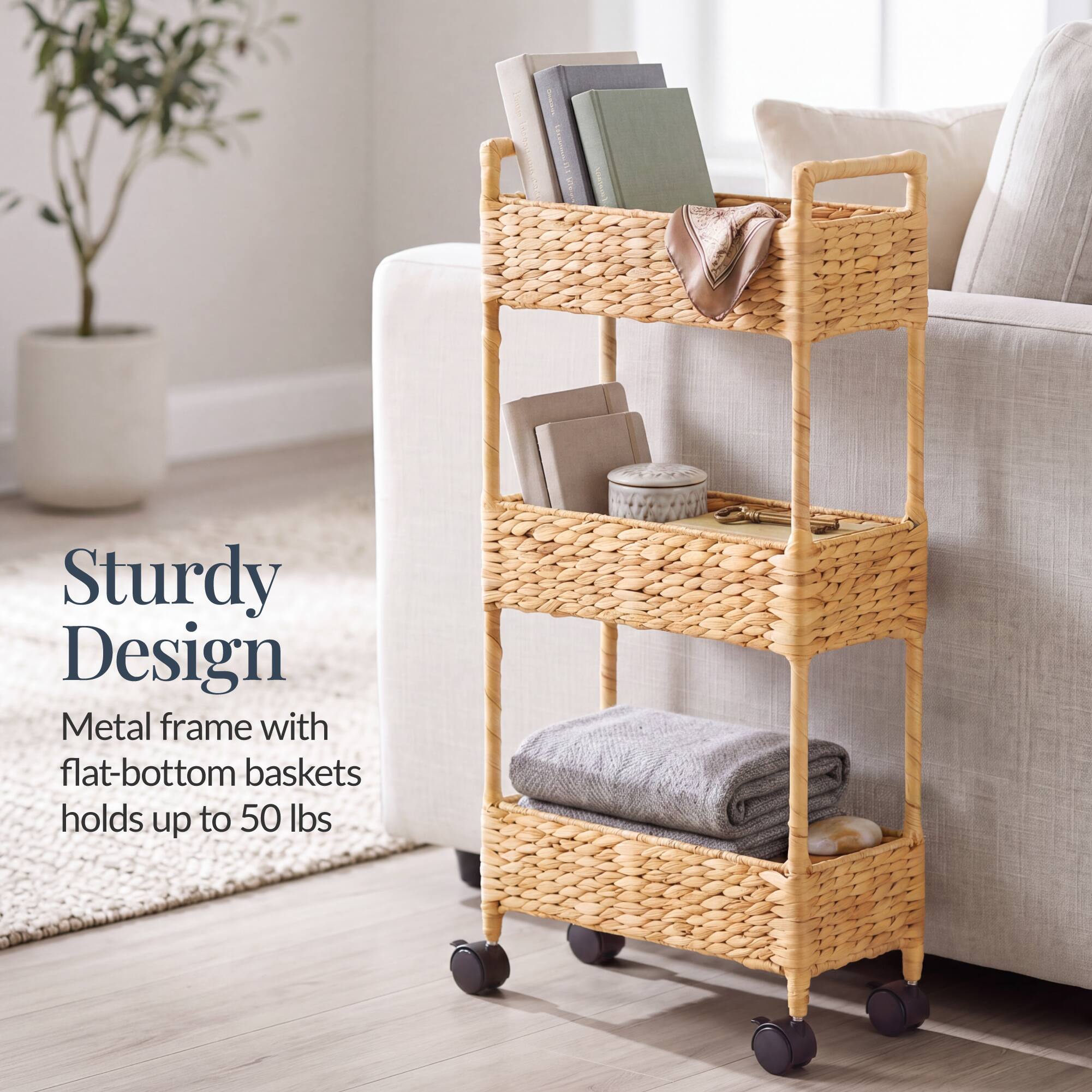 Sturdy Design  
Metal frame with flat-bottom baskets holds up to 50 lbs