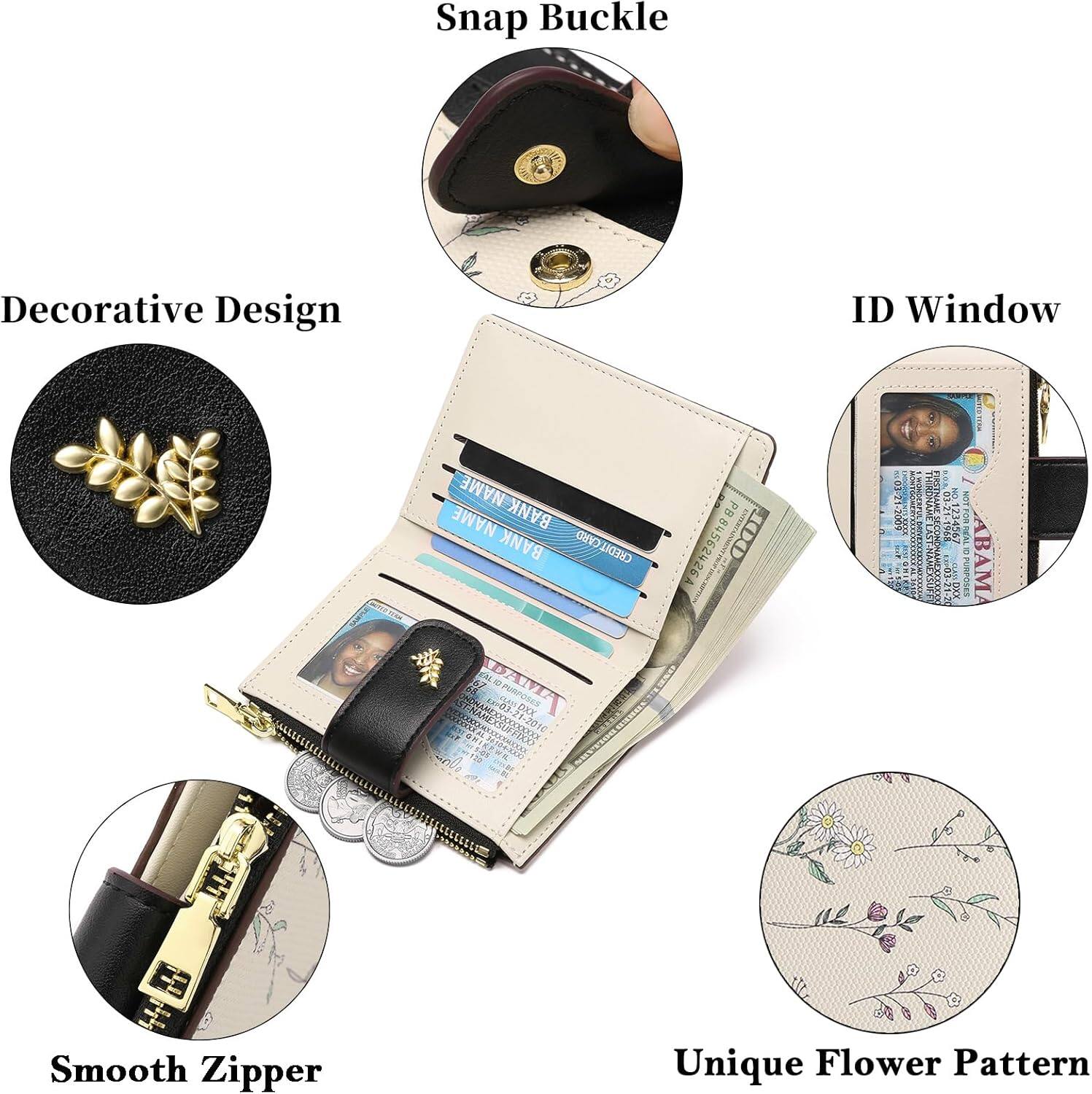 Snap Buckle  
Decorative Design  
ID Window  
Smooth Zipper  
Unique Flower Pattern