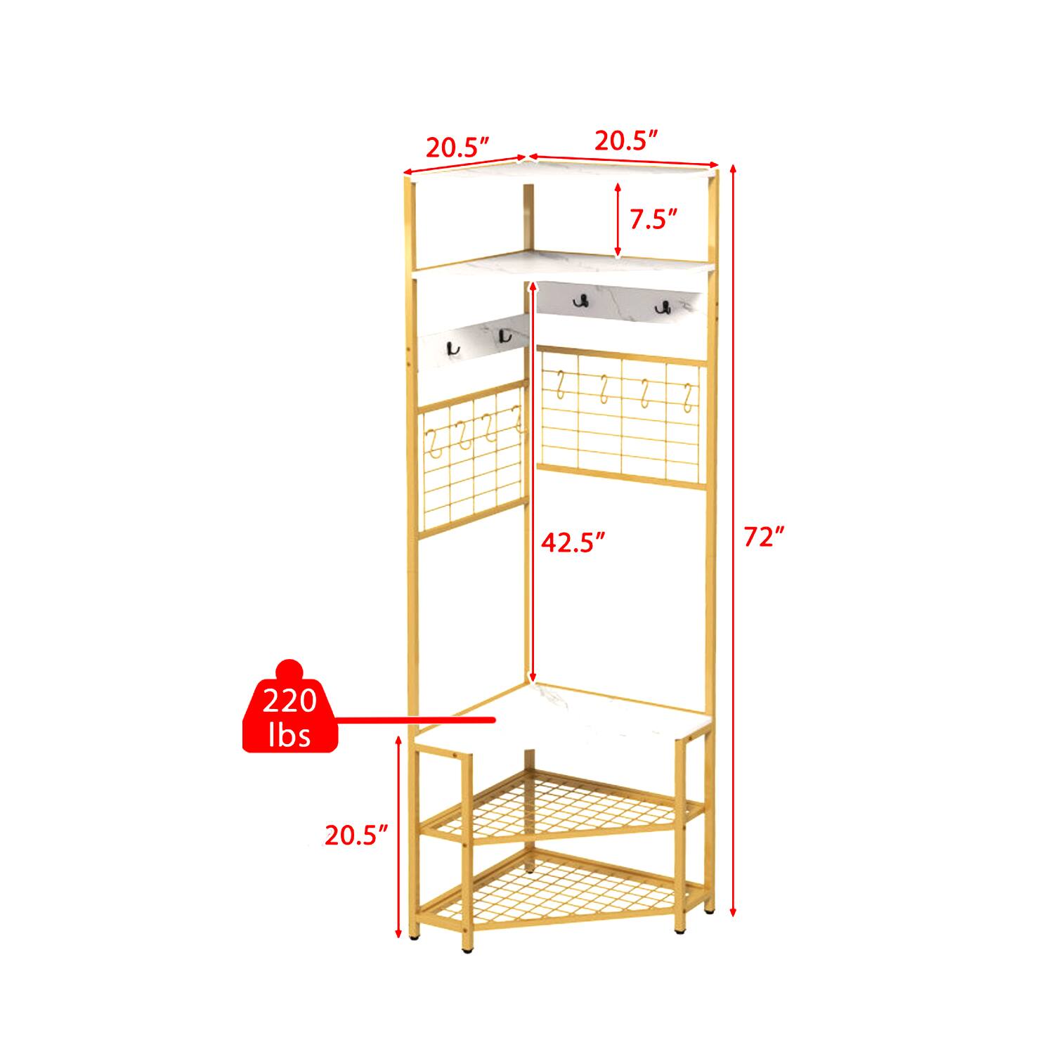 20.5" x 20.5" x 7.5"  
42.5" x 72"  
220 lbs