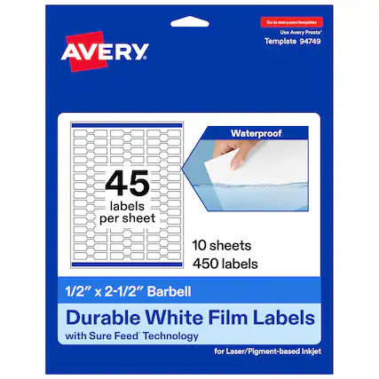Go to avery.com/templates
Use Avery Presta™ Template 94749
Waterproof
45 labels per sheet
10 sheets
450 labels
1/2" x 2-1/2" Barbell
Durable White Film Labels with Sure Feed™ Technology for Laser/Pigment-based Inkjet