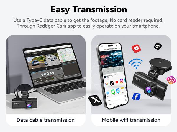 Easy Transmission

Use a Type-C data cable to get the footage, No card reader required. Through Redtiger Cam app to easily operate on your smartphone.

Data cable transmission

Mobile wifi transmission