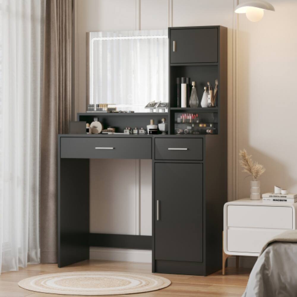Front. LUCKY ONE - Vanity Desk with LED Light Strip Mirror, Large Drawer, 3 Level Storage Dresser for Bedroom - Black.