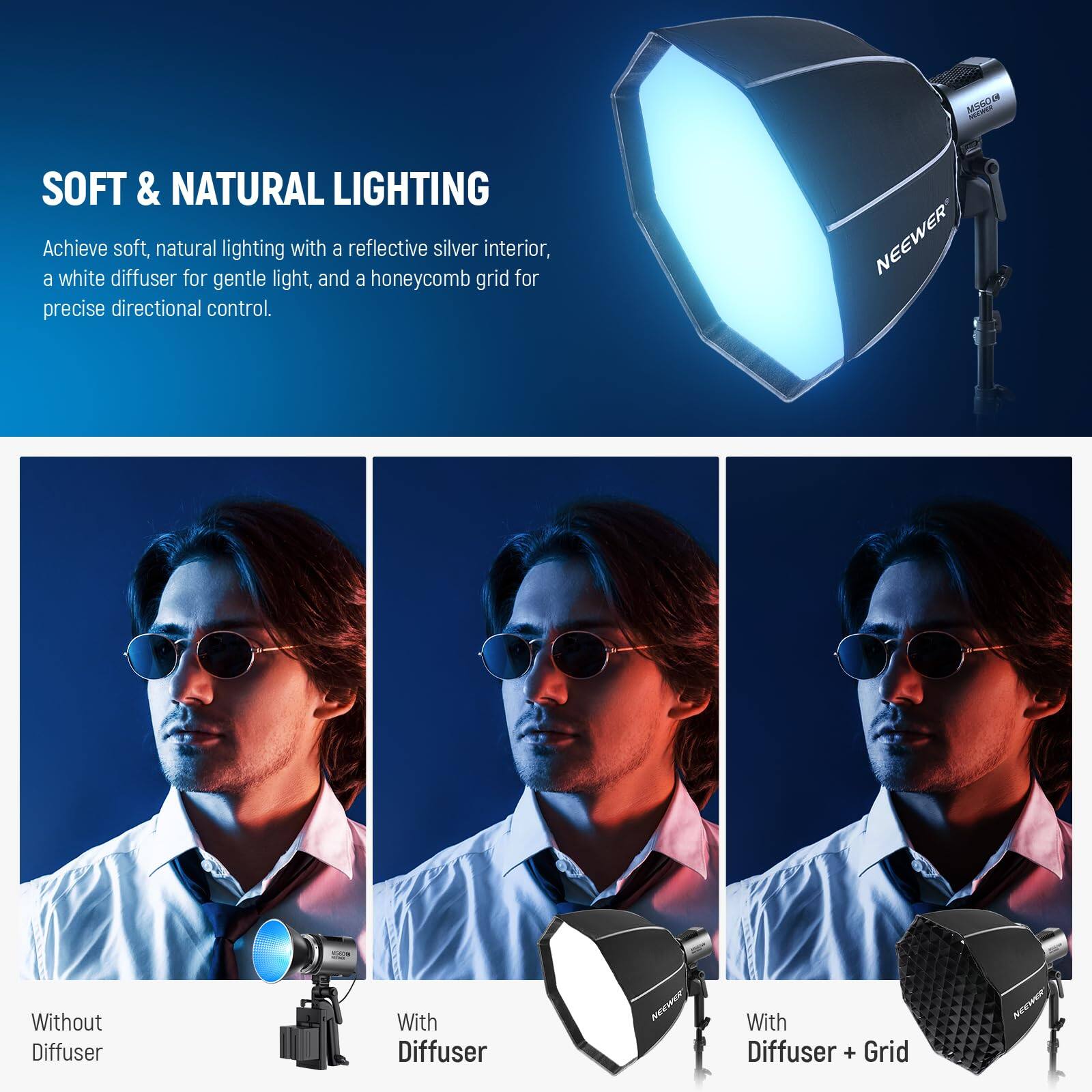 SOFT & NATURAL LIGHTING

Achieve soft, natural lighting with a reflective silver interior, a white diffuser for gentle light, and a honeycomb grid for precise directional control.

NEEWER

Without Diffuser  
With Diffuser  
With Diffuser + Grid