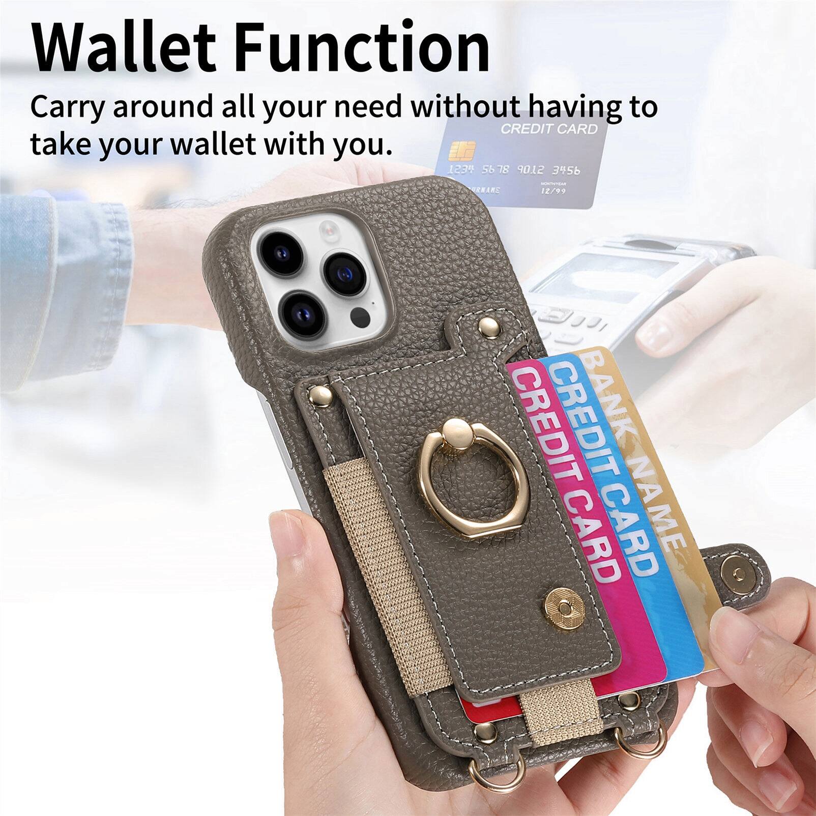 Wallet Function  
Carry around all your needs without having to take your wallet with you.  

CREDIT CARD  
1234 5678 9012 3456  
12/99  

CREDIT CARD  
BANK  
CREDIT CARD  
NAME