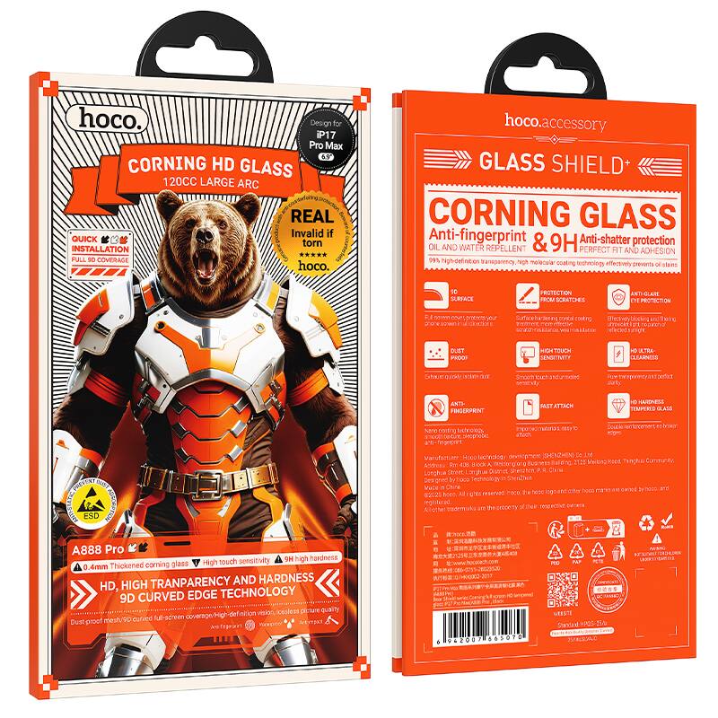 **Front Side:**

- hoco.
- CORNING HD GLASS
- 120CC LARGE ARC
- QUICK INSTALLATION FULL HD COVERAGE
- REAL Invalid if torn
- hoco.accessory GLASS SHIELD+ CORNING GLASS
- Anti-fingerprint & 9H Anti-shatter protection
- OIL AND WATER REPELLENT
- PERFECT FIT AND ADHESION
- 99% high-definition transparency
- Nano coating technology effectively prevents oil and water stains
- 10 SURFACE PROTECTION
- FRICKI SCRATCHES
- D PECTICTON
- 1 nm cow pmenem
- 2h0% Durtwel PYEA conking mme eech
- BUST PEDO TOUCH SENSITIVITY CLEARNESS
- NT Smiieh Ako ANTS- FINGERPRINT ATTACH HASDNETE
- GLASS
- e2 pieceretec alatas DEETO afon Foy ESD Mitel
- HO nacheolog dewsinpment Tukwst Mekric Rood Tengh Cutotrncribe AndesL Fn 4M Bck A Wter ei