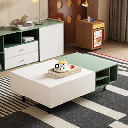luck idea - Modern Living Room Coffee Table with 2 Drawers, Two-Tone Design, Open Shelves, Hidden Handle & Metal Legs - Green