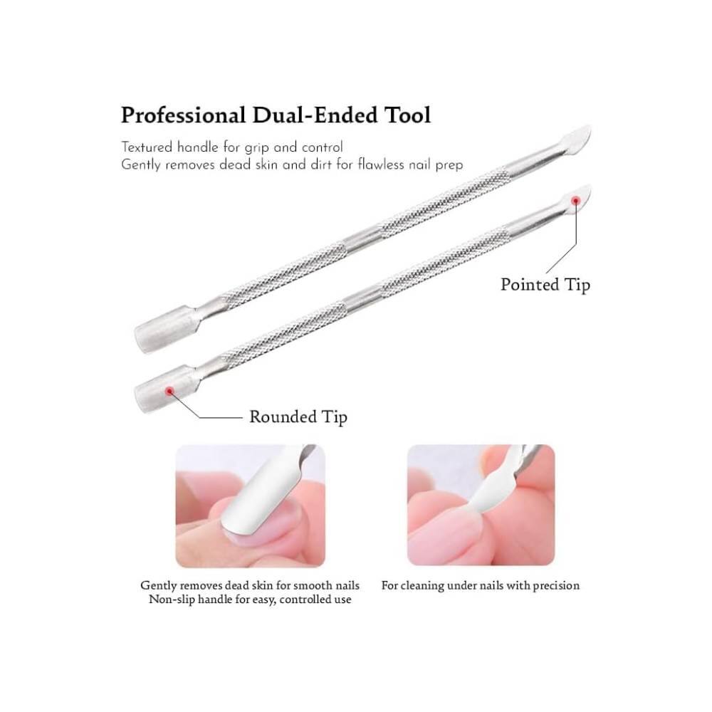 Professional Dual-Ended Tool

Textured handle for grip and control  
Gently removes dead skin and dirt for flawless nail prep

Pointed Tip  
Rounded Tip

Gently removes dead skin for smooth nails  
Non-slip handle for easy, controlled use

For cleaning under nails with precision