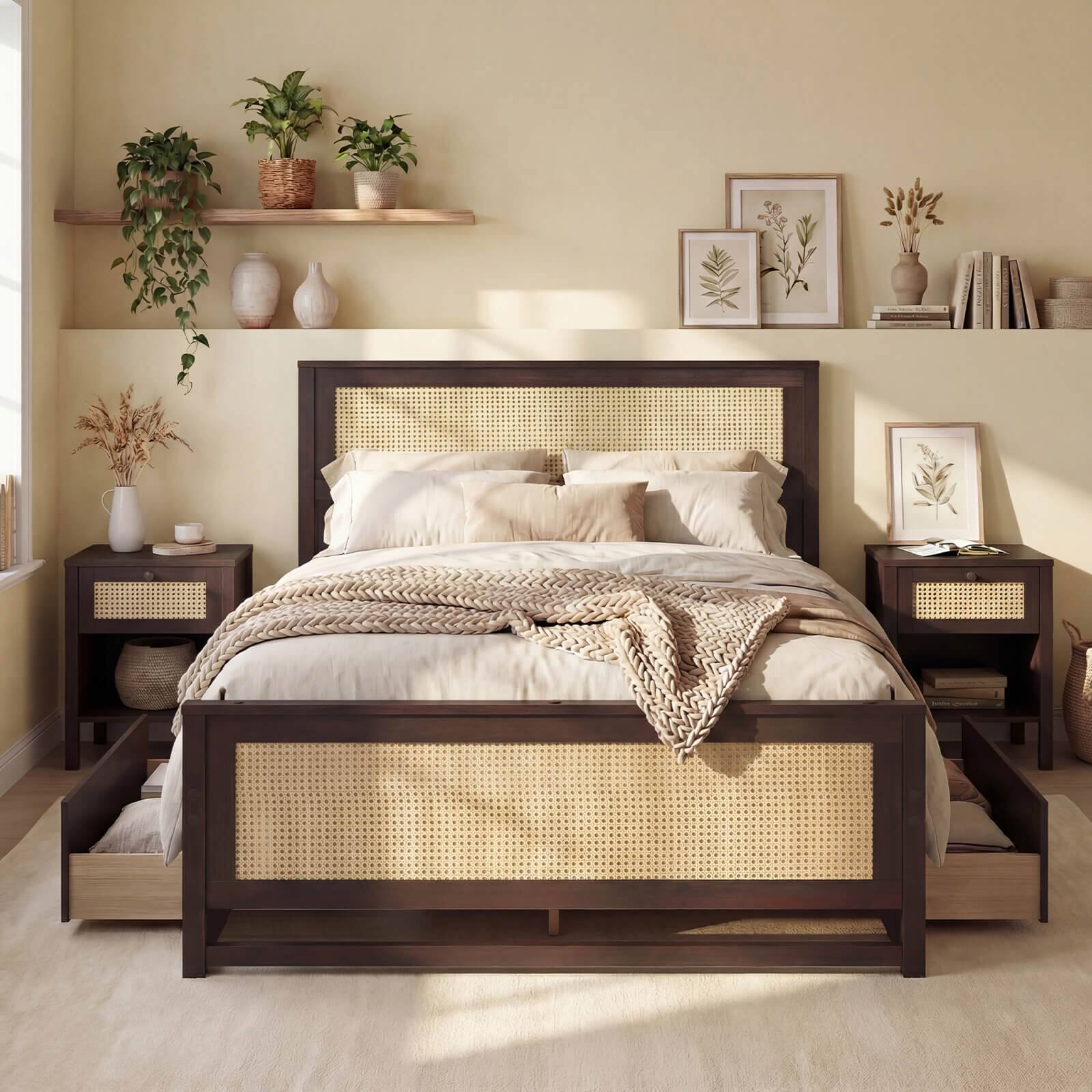 Alt View 3. Costway - Costway Full Size Rattan Bed Frame with Headboard, 2 Storage Drawers & Space - Rustic Brown.