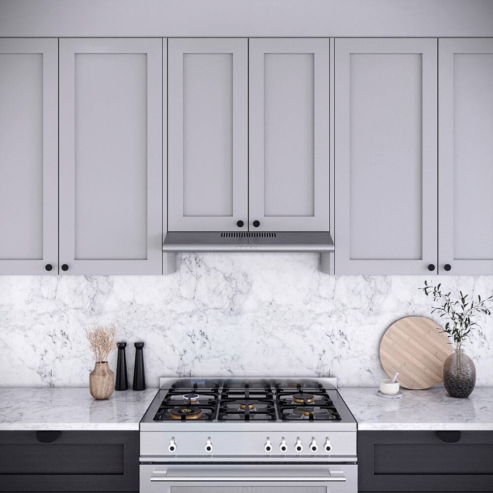 Left. Streamline - 30 in. Moncalieri Ductless Undermount 80 CFM Range Hood, Mesh Filters, Push Button Control, LED Light - Brushed Stainless Steel.