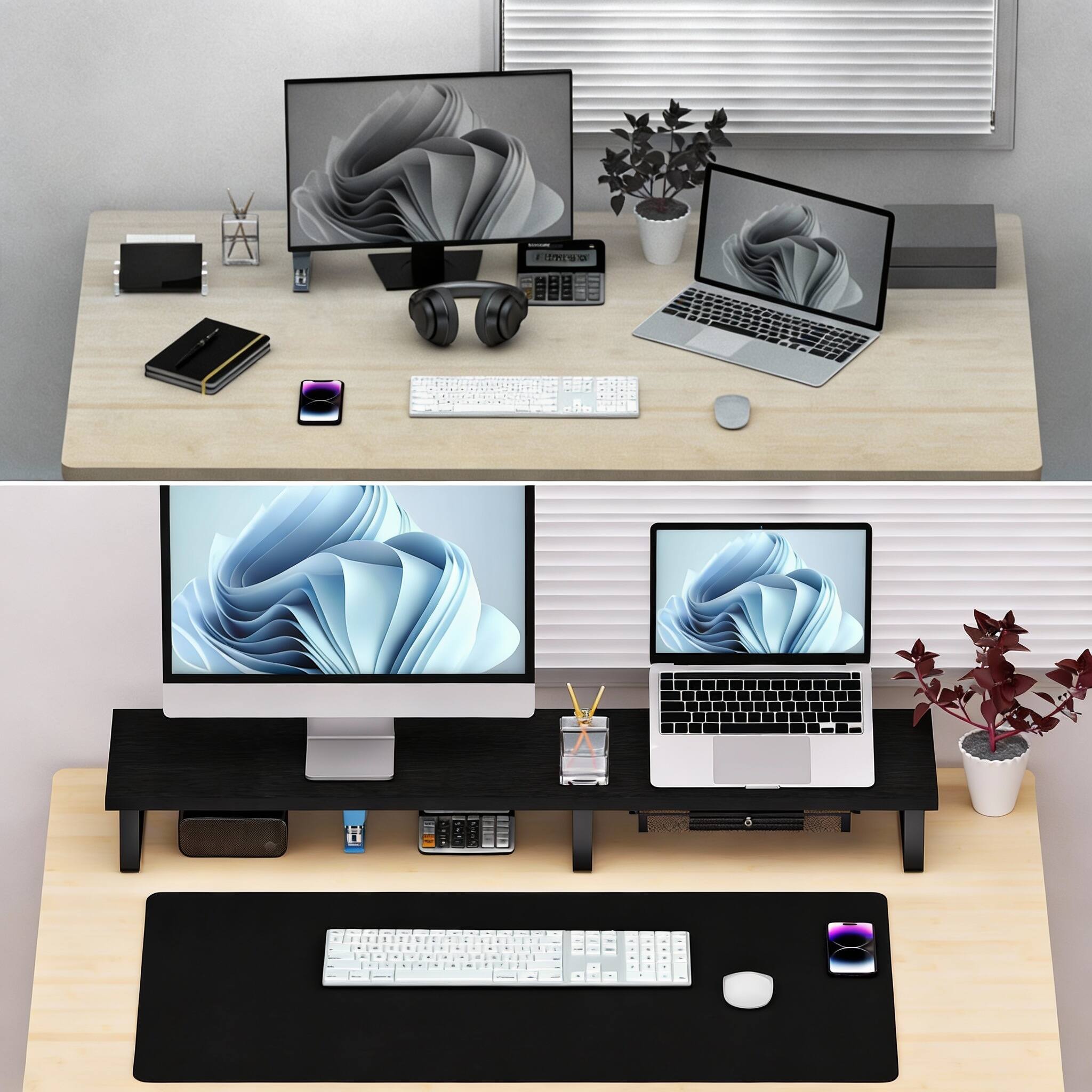 Alt View 2. Frangdom - Wood Dual Monitor Stand Riser 2-Screen Desk Organizer Drawer - Vintage.