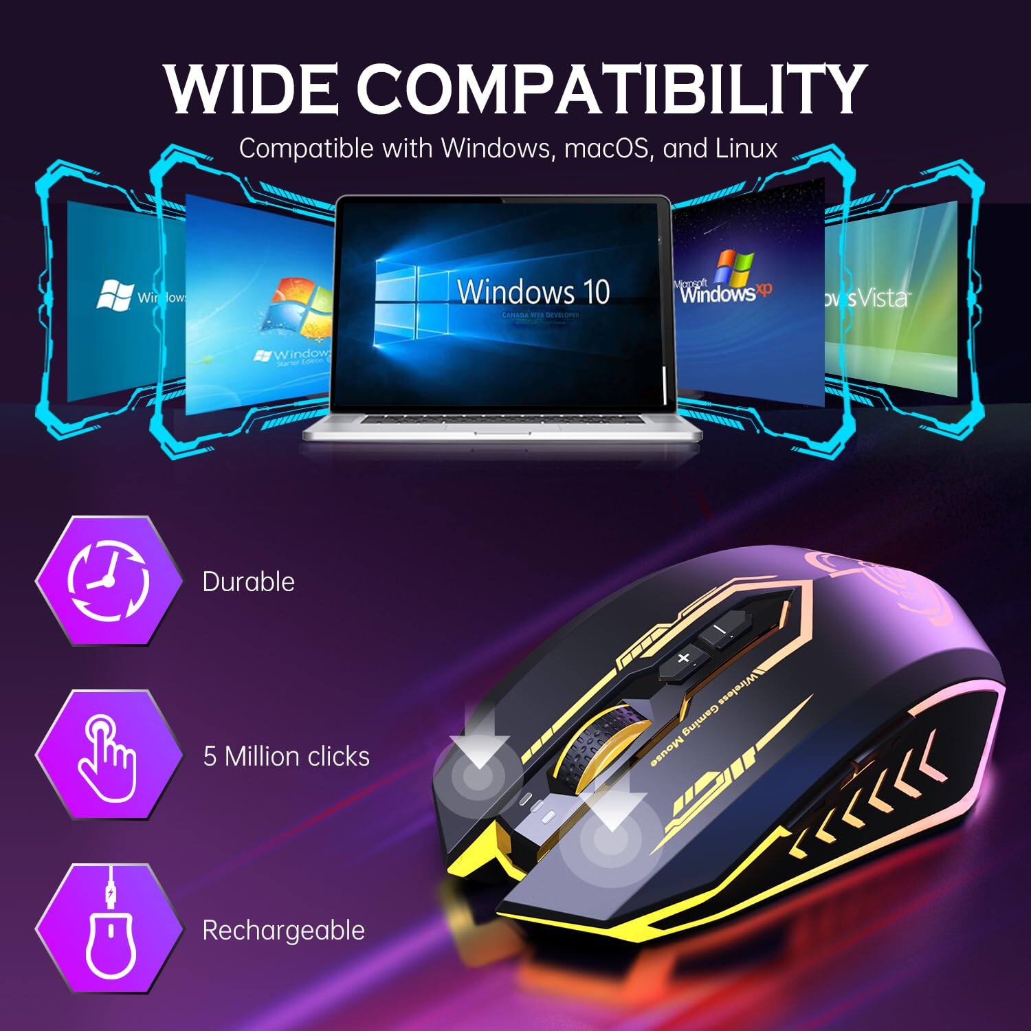 WIDE COMPATIBILITY  
Compatible with Windows, macOS, and Linux  

- Durable  
- 5 Million clicks  
- Rechargeable  

Windows 10  
Windows XP  
Windows Vista