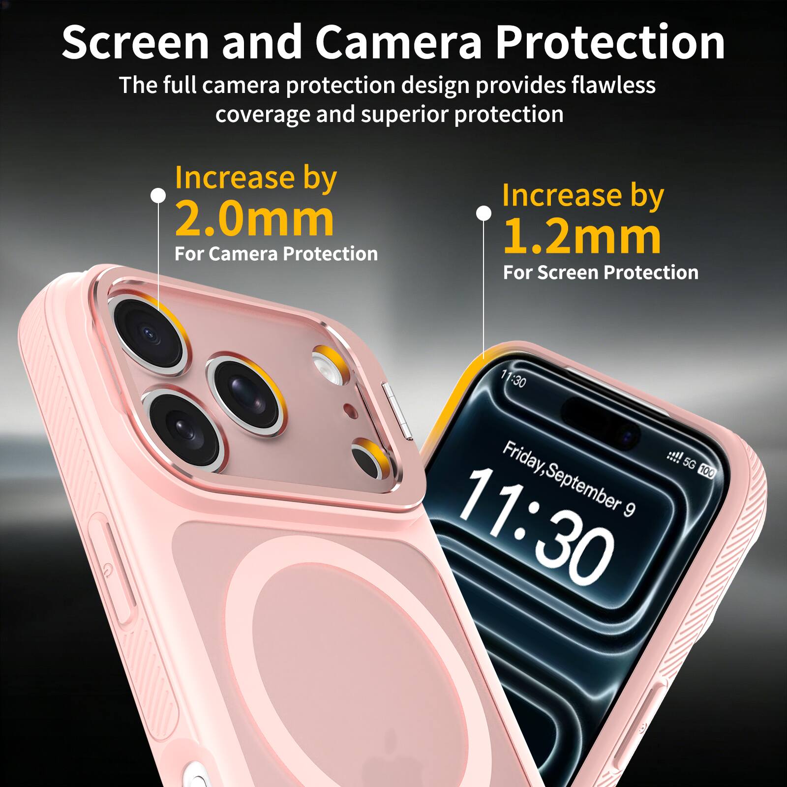 Screen and Camera Protection  
The full camera protection design provides flawless coverage and superior protection  

Increase by 2.0mm  
For Camera Protection  

Increase by 1.2mm  
For Screen Protection  

11:30  
Friday, September 9