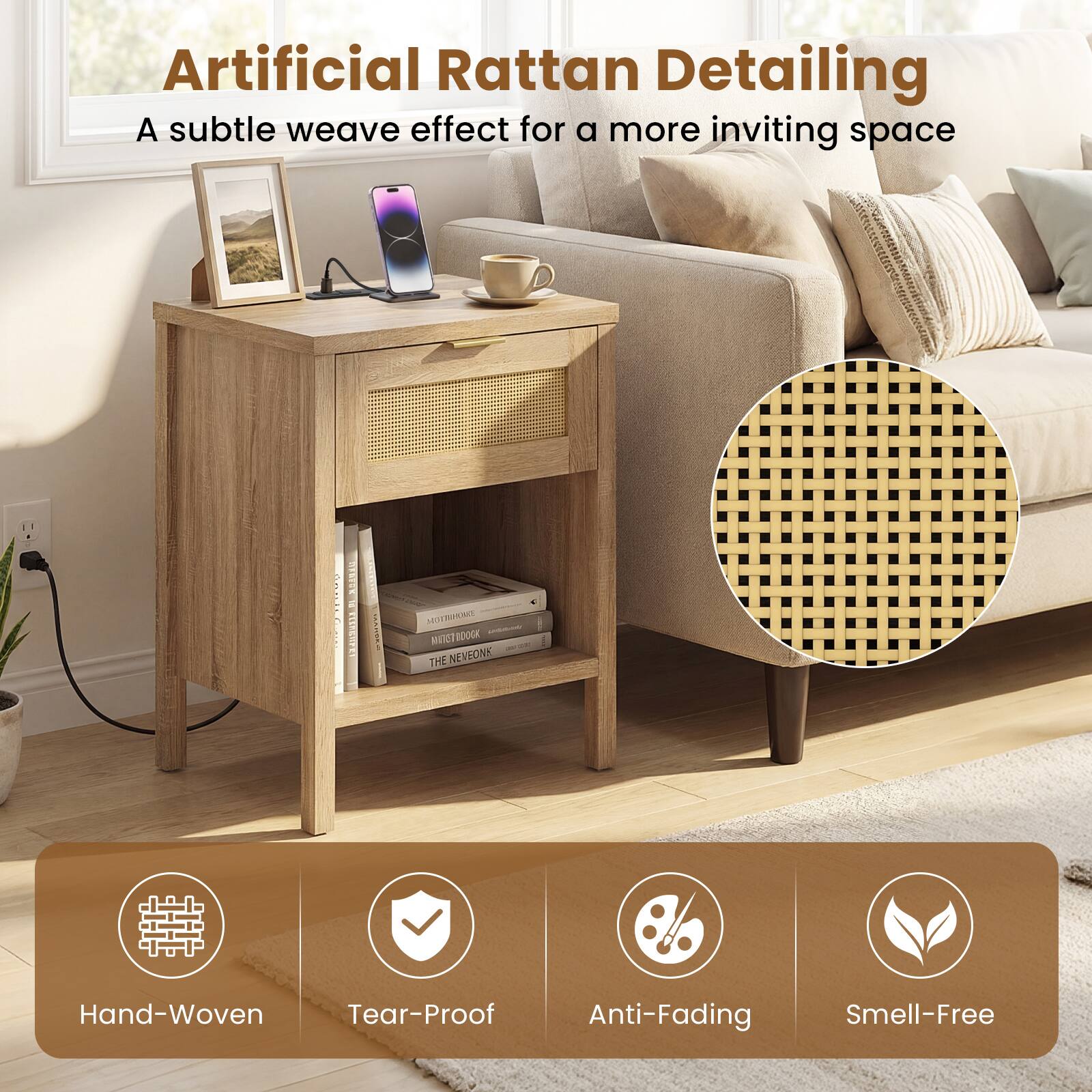 Artificial Rattan Detailing  
A subtle weave effect for a more inviting space  

Hand-Woven  
Tear-Proof  
Anti-Fading  
Smell-Free