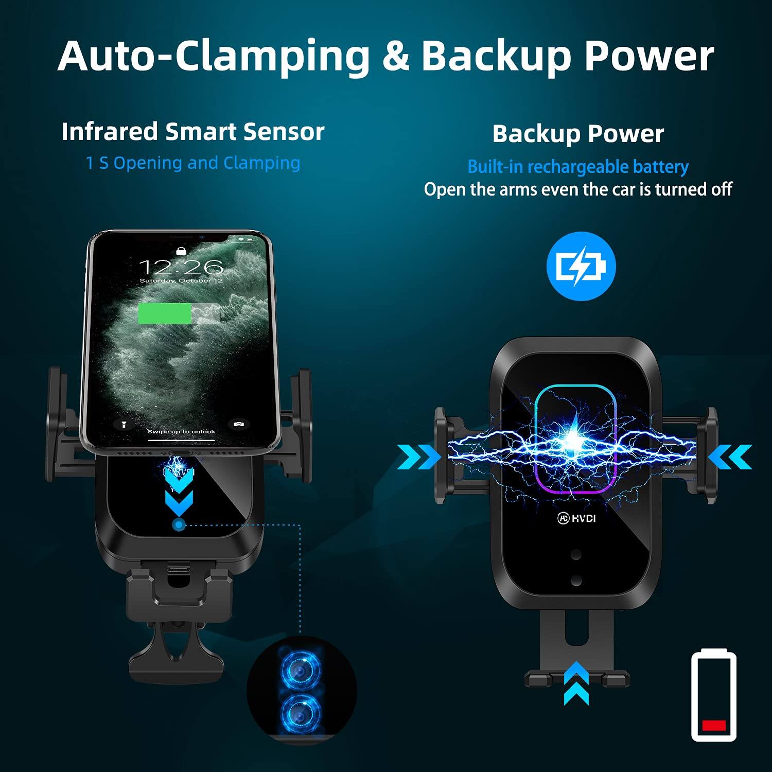 Auto-Clamping & Backup Power

Infrared Smart Sensor  
1 S Opening and Clamping

Backup Power  
Built-in rechargeable battery  
Open the arms even the car is turned off
