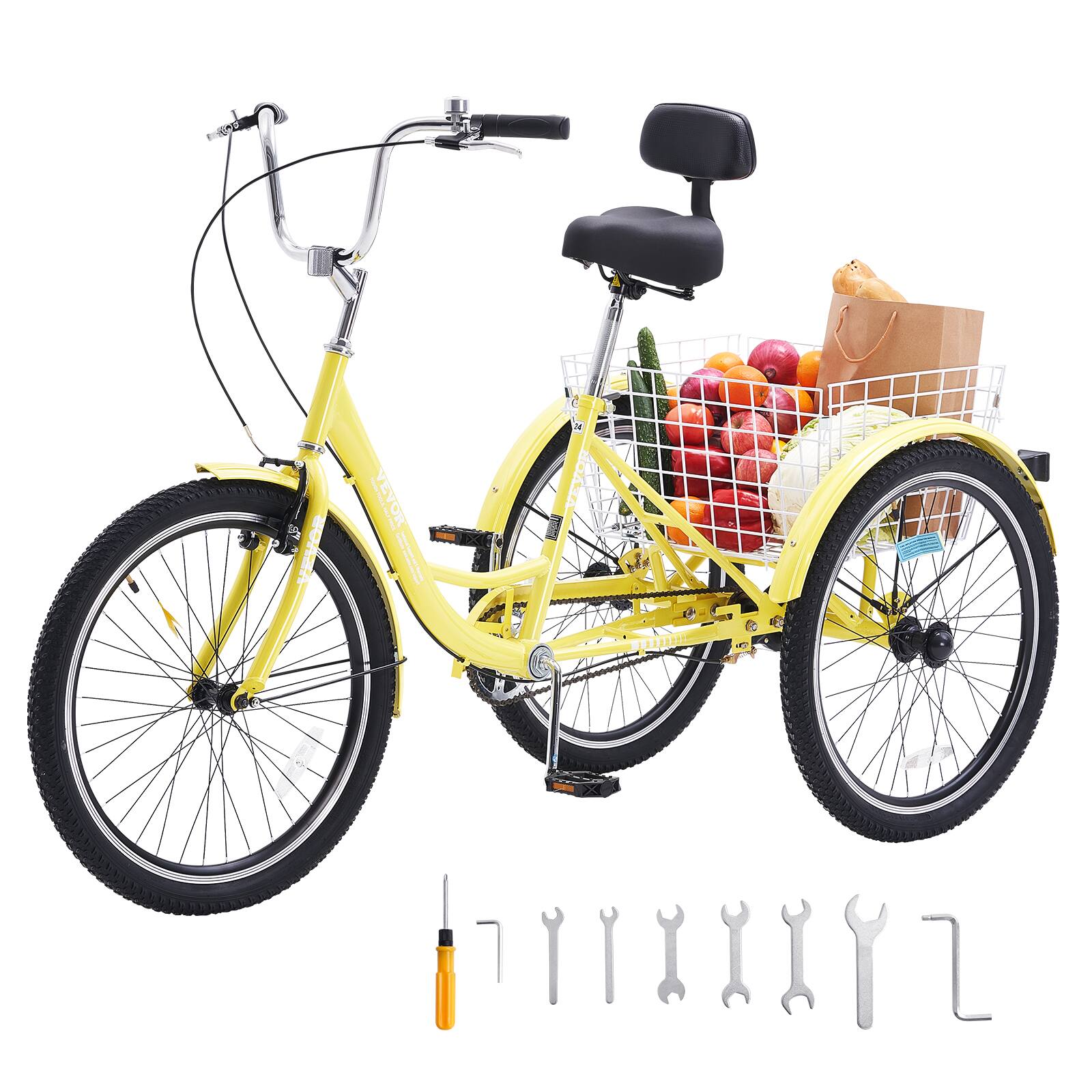 Front. VEVOR - Adult Tricycles Bike, 20 Inch Three-Wheeled Bicycles, 3 Wheel Bikes Trikes, Carbon Steel Cruiser Bike with Basket - Orange.