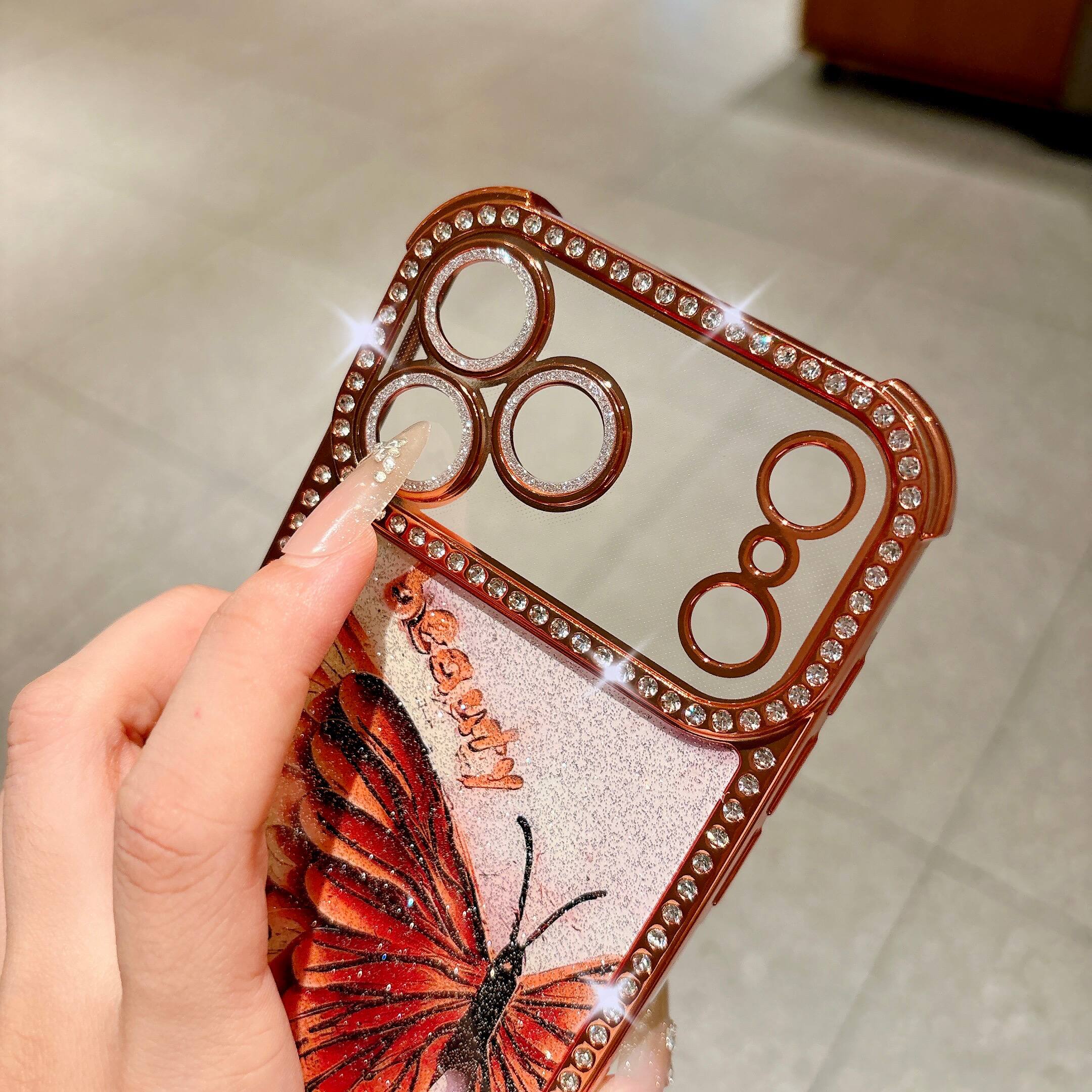 Alt View 2. Dteck - Dteck Luxury Bling Glitter Butterfly Rhinestone Case for Apple iPhone 17 Pro Max, Shockproof Hard PC TPU Cover - Gold.