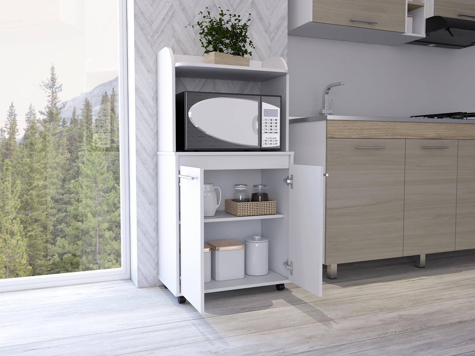 Alt View 2. Spaco - Spaco Kitchen Cart with Double Door Cabinet with Open Shelf, 2 Interior Shelves, Microwave Stand and Casters - White.