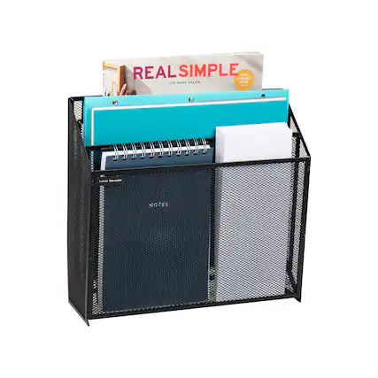 Front. Mind Reader - Vertical File Storage, Desktop Organizer, Wall Mount, Office, Metal Mesh, 12.5"L x 3.75"W x 11.5"H - Black.