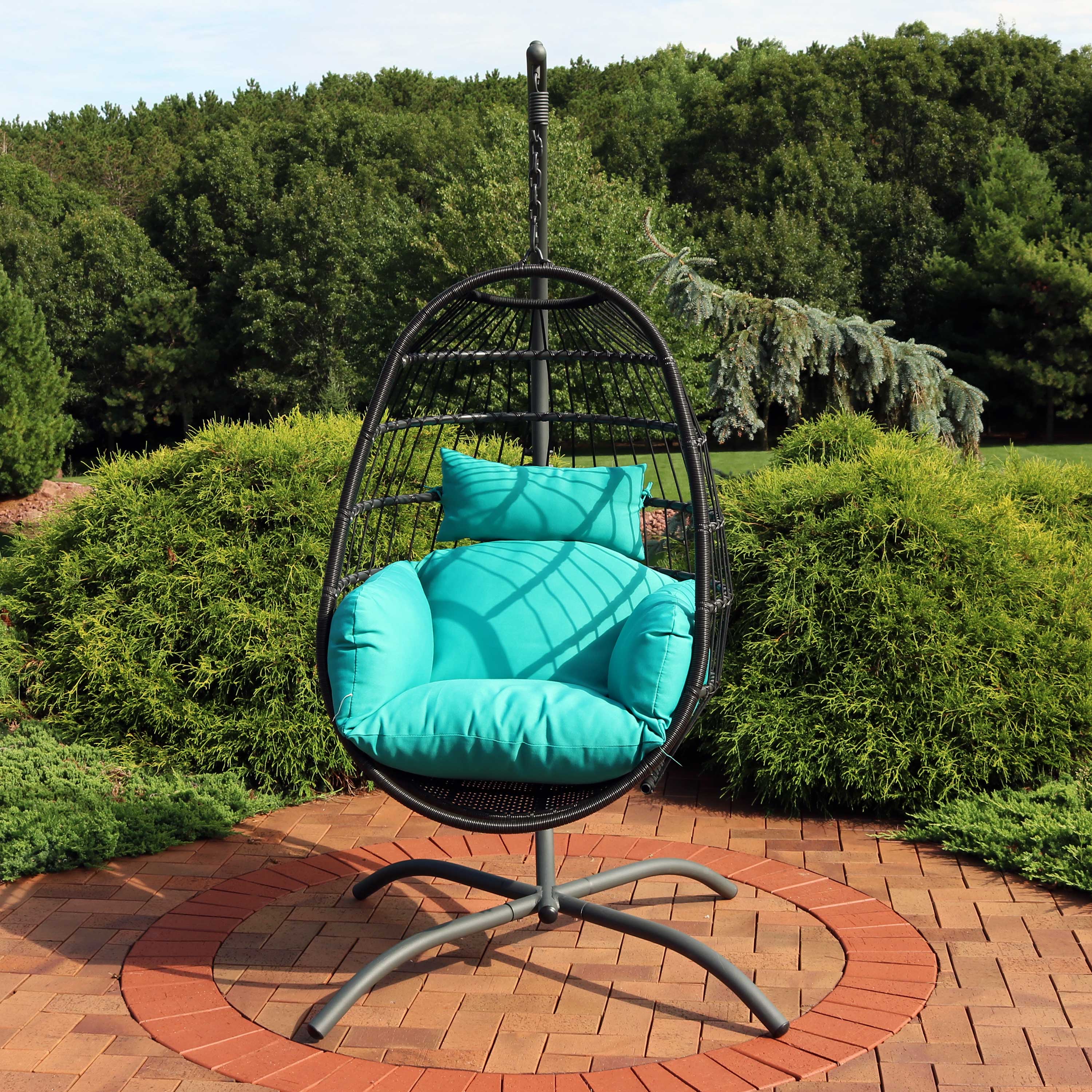Alt View 3. Sunnydaze - Resin Wicker Hanging Egg Chair with Steel Stand/Cushions - Turquoise Cushions.