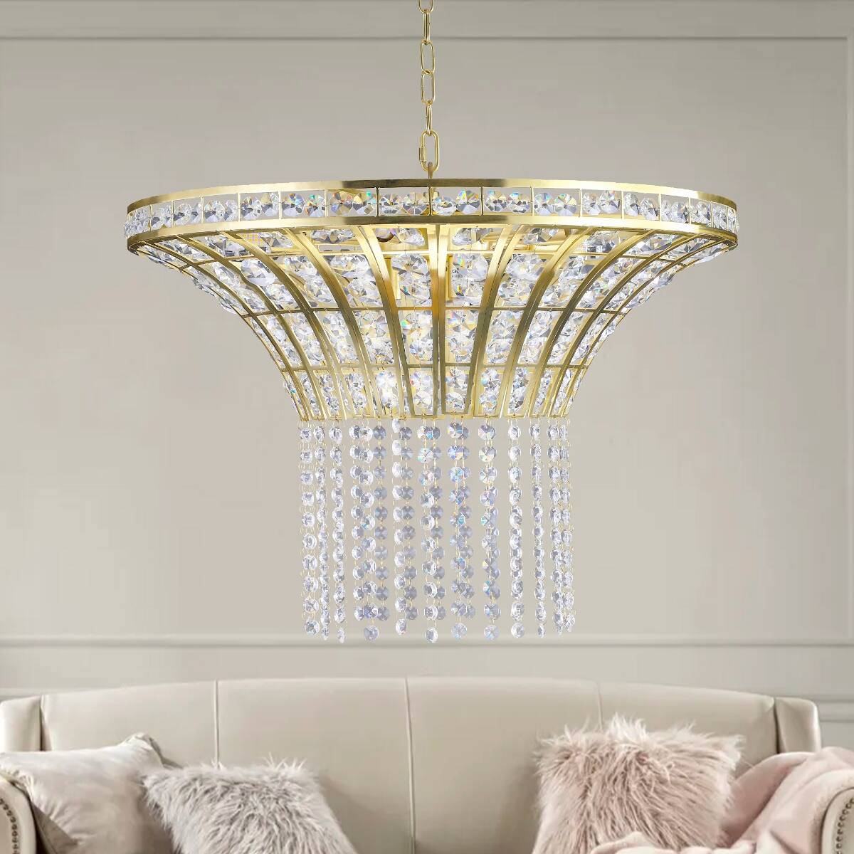 Alt View 1. Loheer - Loheer 8-Light Crystal Waterfall Chandelier, Modern Living Room Lighting, Adjustable Height, Gold Finish.