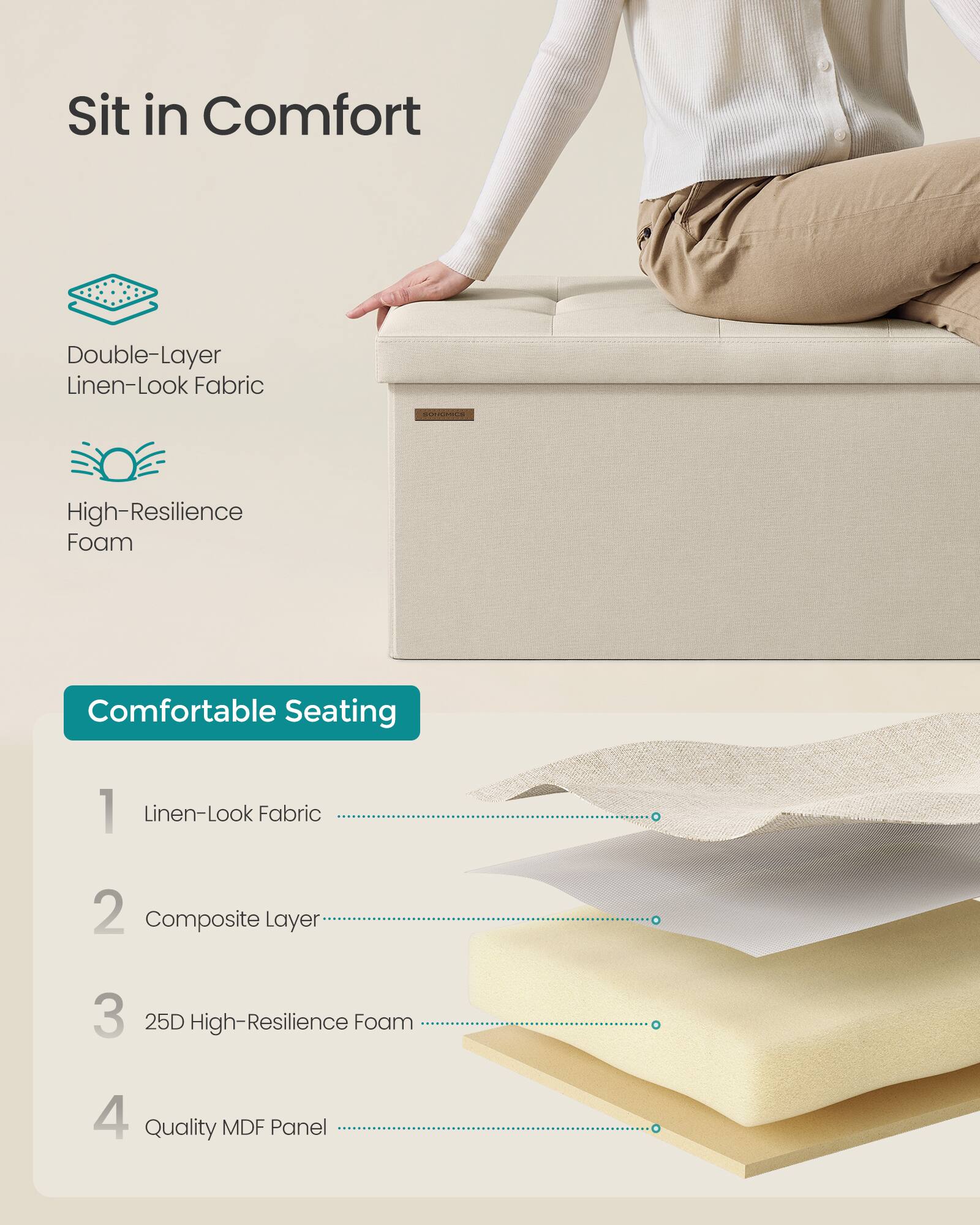 Sit in Comfort

Double-Layer Linen-Look Fabric

High-Resilience Foam

Comfortable Seating

1. Linen-Look Fabric
2. Composite Layer
3. 25D High-Resilience Foam
4. Quality MDF Panel