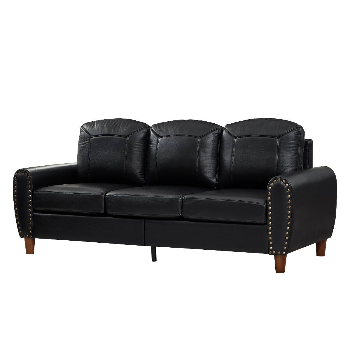 Alt View 6. Ropilly - Ropilly Black Faux Leather Sofa with Rolled Arms, Three Seat Living Room Couch with Solid Wood Legs - Black.
