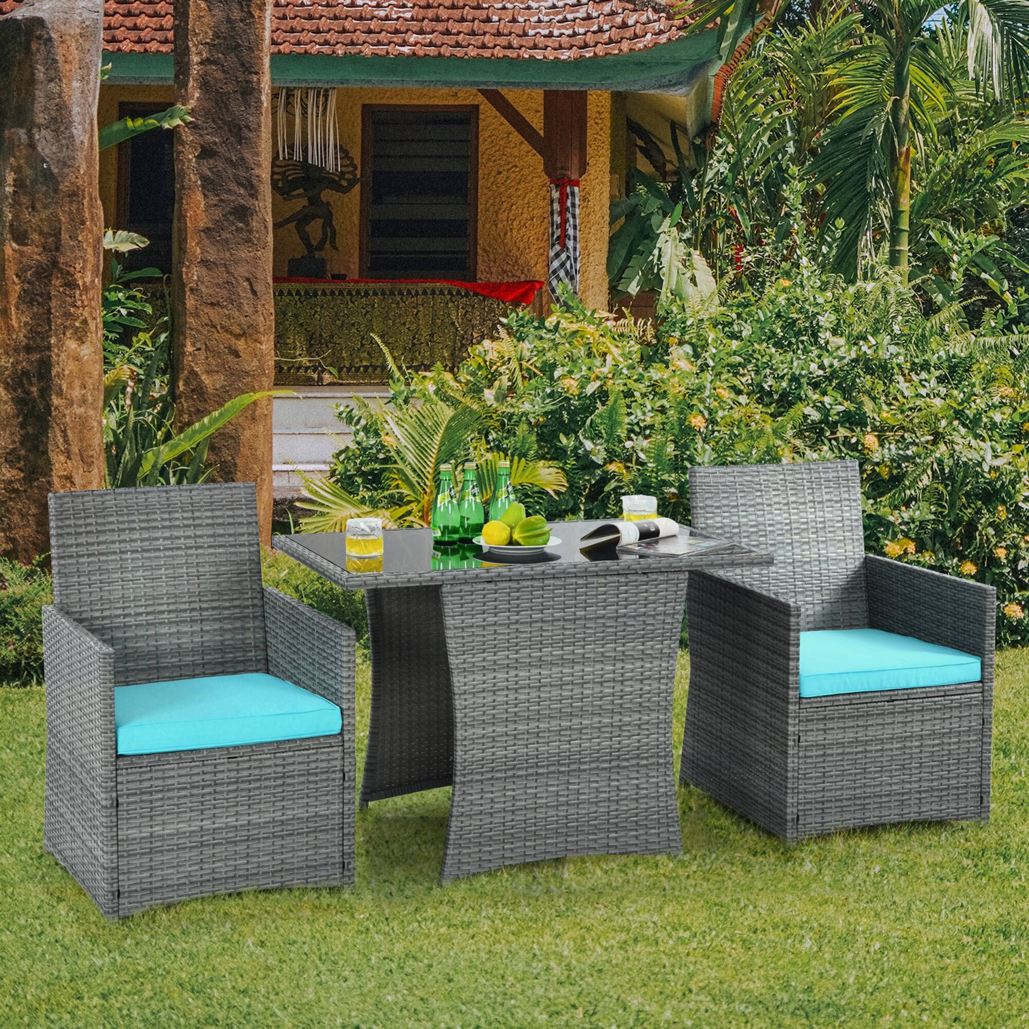 Alt View 9. Gymax - Gymax 3PCS Outdoor Rattan Conversation Set Patio Dining Table Set w/ Turquoise Cushions - Turquoise.