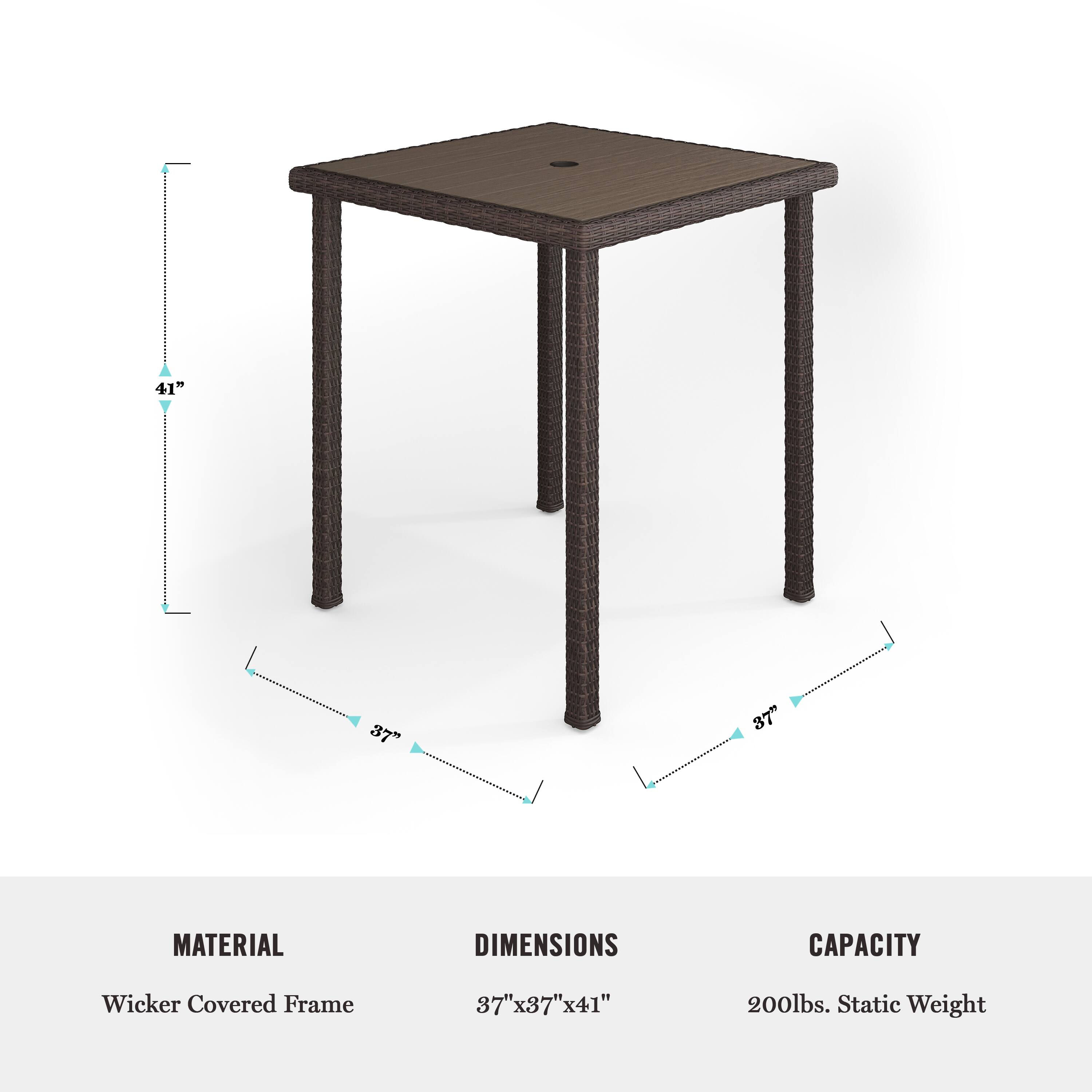 The text on the image reads:

Material: Wicker Covered Frame
Dimensions: 7"x37"x41"
Capacity: 200lbs. Static Weight