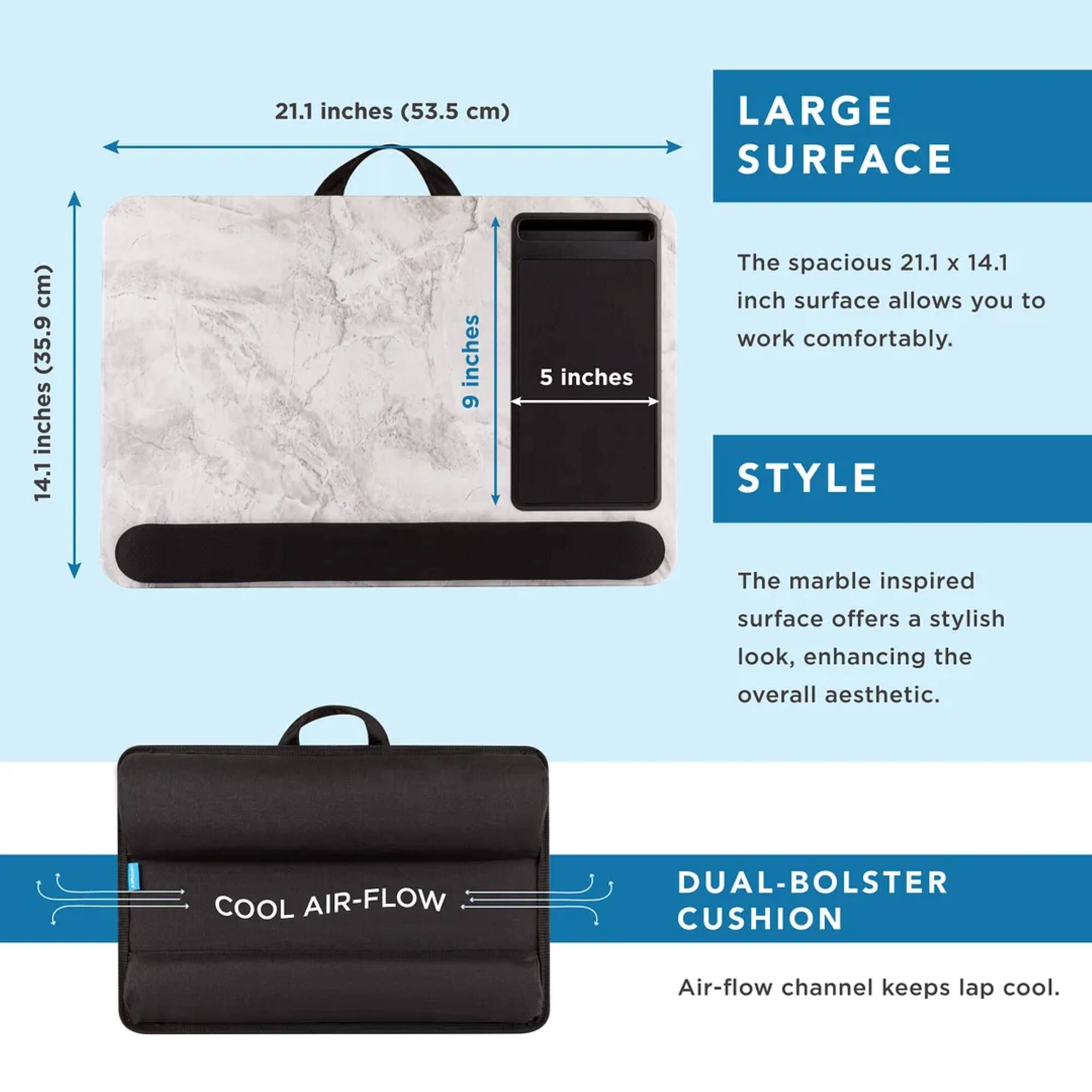 The image features a laptop case with a marble-inspired surface, which offers a stylish look and enhances the overall aesthetic. The case measures 21.1 inches by 14.1 inches, providing a spacious surface for comfortable work. The cool air-flow dual-bolster cushion includes an air-flow channel that helps keep the lap cool. The case also has a black color and a strap for easy transportation.