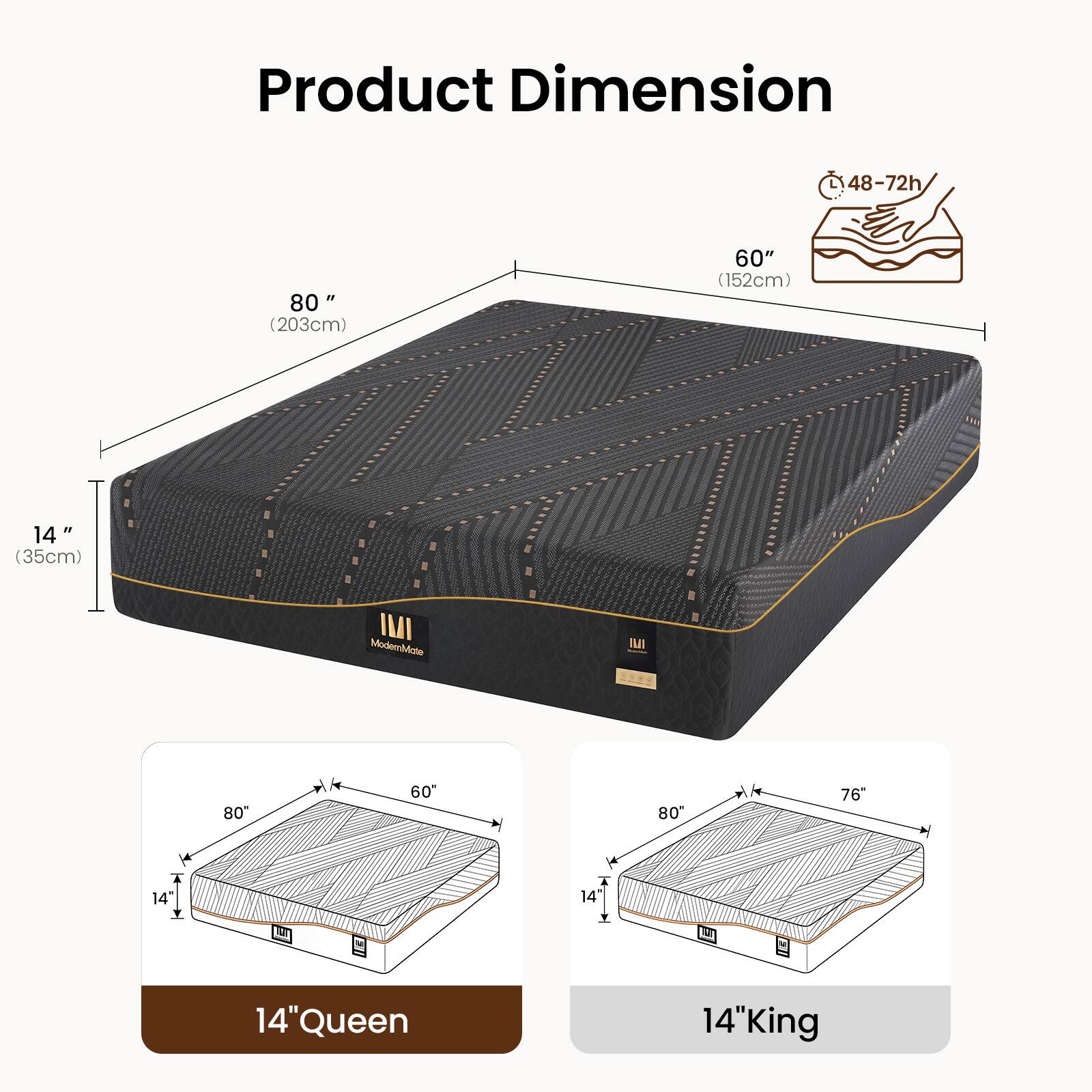 Product Dimension  
48-72h  
80" (203cm)  
60" (152cm) & 14" (35cm)  

ModemMicte II  
80 60 80  
76  
14  

14" Queen  
14" King
