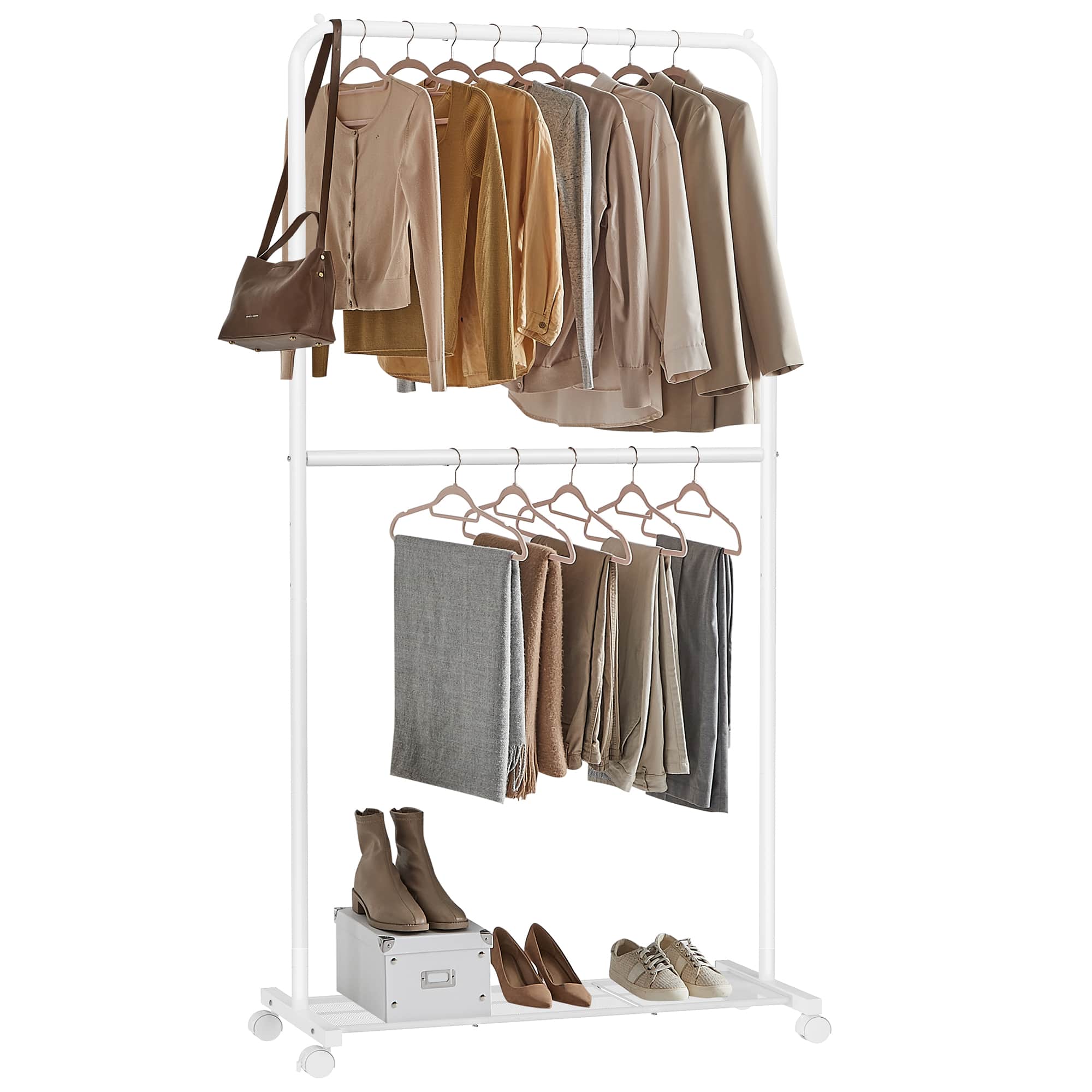 Songmics Home - Clothes Rack with Wheels, Middle Rod Clothing Rack for Hanging Clothes, Metal Garment Rack with Dense Mesh Storage Shelf - White price history on PriceWatchPro