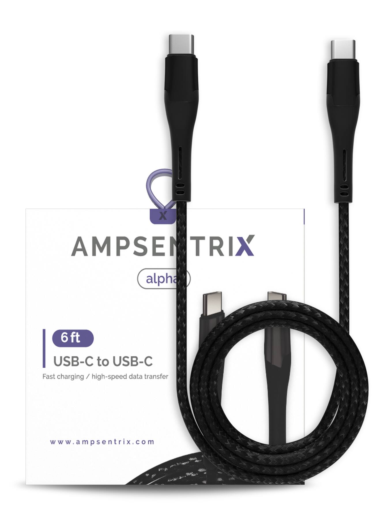 X AMPSENTRIX alpha 6 ft USB-C to USB-C Fast charging / high-speed data transfer www.ampsenrix.com