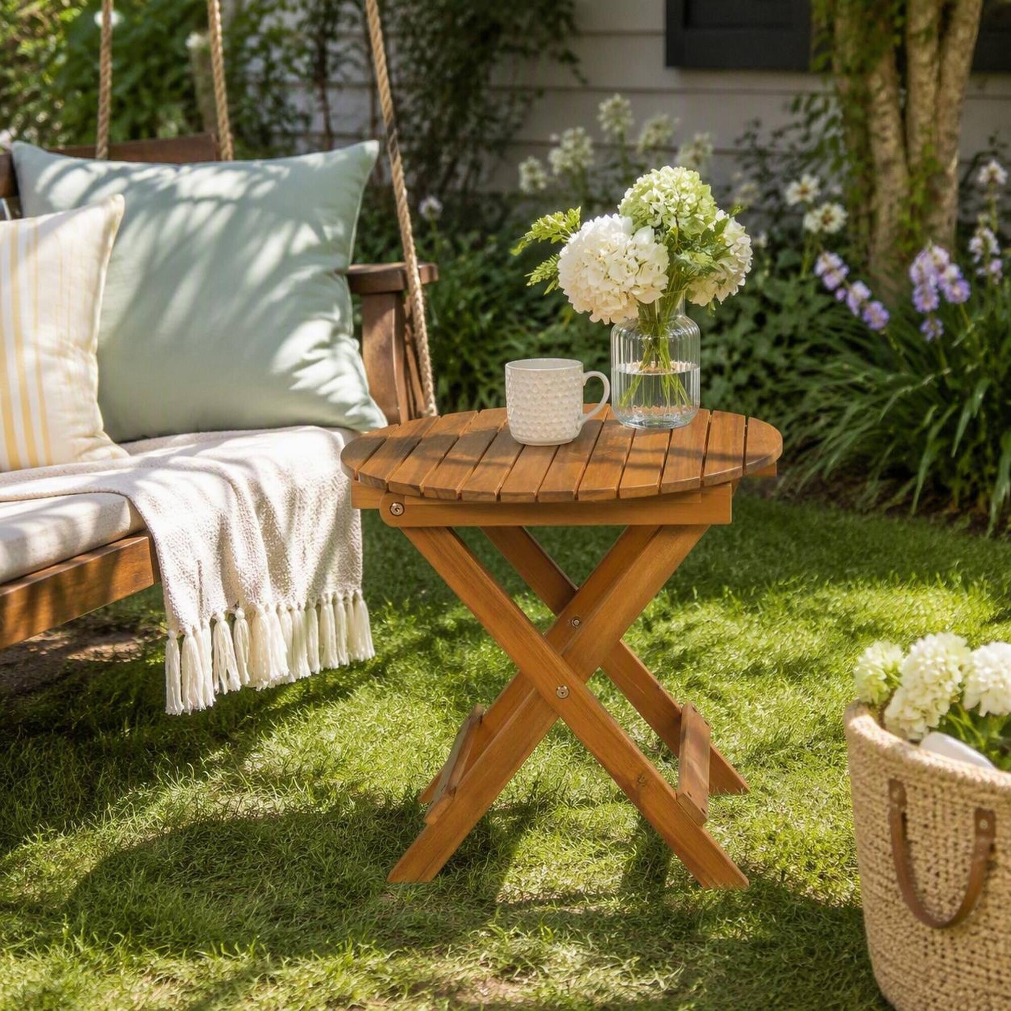 Alt View 2. RYHNUYNE - Outdoor Folding Round Side Table Solid Acacia Wood Portable Patio End Table for Backyard Balcony Garden - Teak.