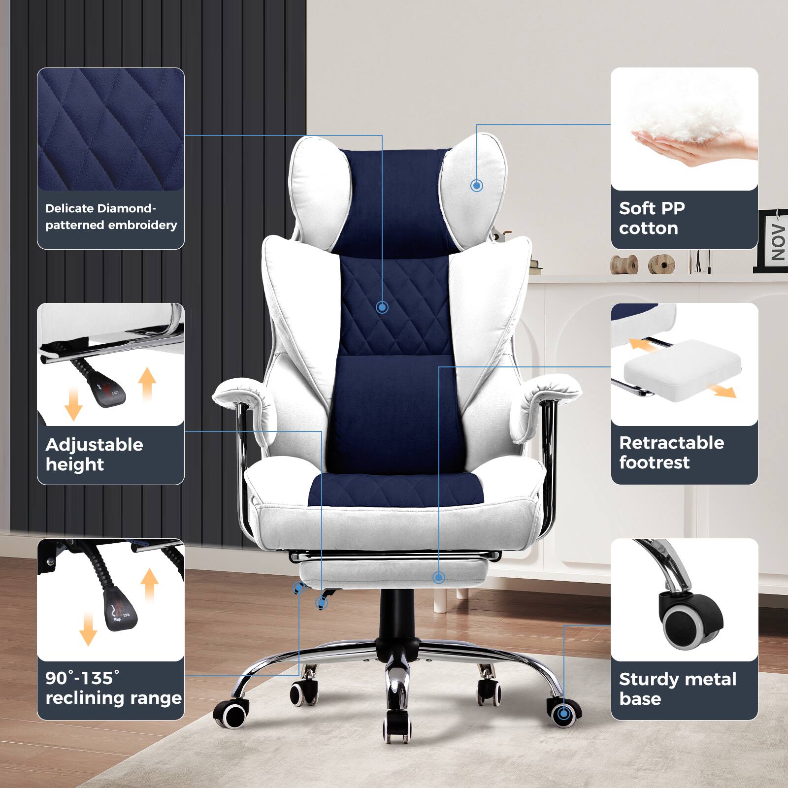 - Delicate Diamond-patterned embroidery
- Soft PP cotton
- Adjustable height
- Retractable footrest
- 90°-135° reclining range
- Sturdy metal base