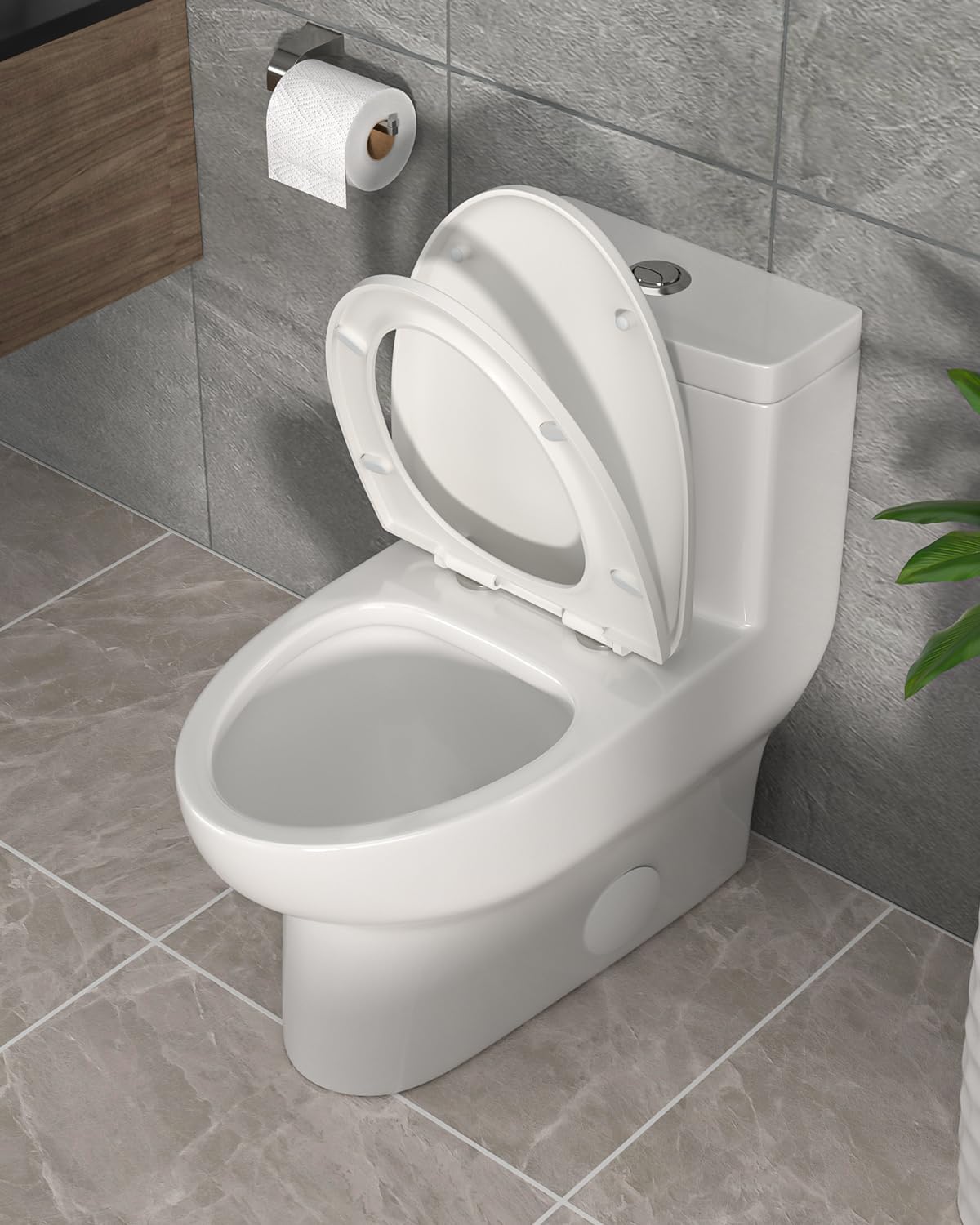 Left. MOOSOO - One Piece Elongated Toilet Dual Flush Siphonic Floor Mounted Bathroom Toilet 1.6/1.1 GPF with Soft Seat - White.
