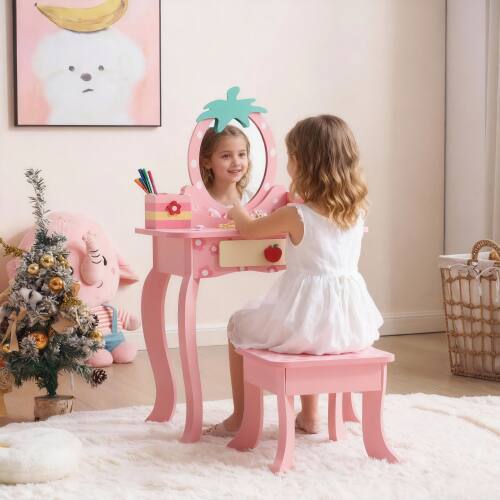 Alt View 3. Winado - 2-in-1 Cartoon Design Children Vanity Table Set Removable Mirror to Writing Desk with Stool for Christmas Birthday Gift - Pink.