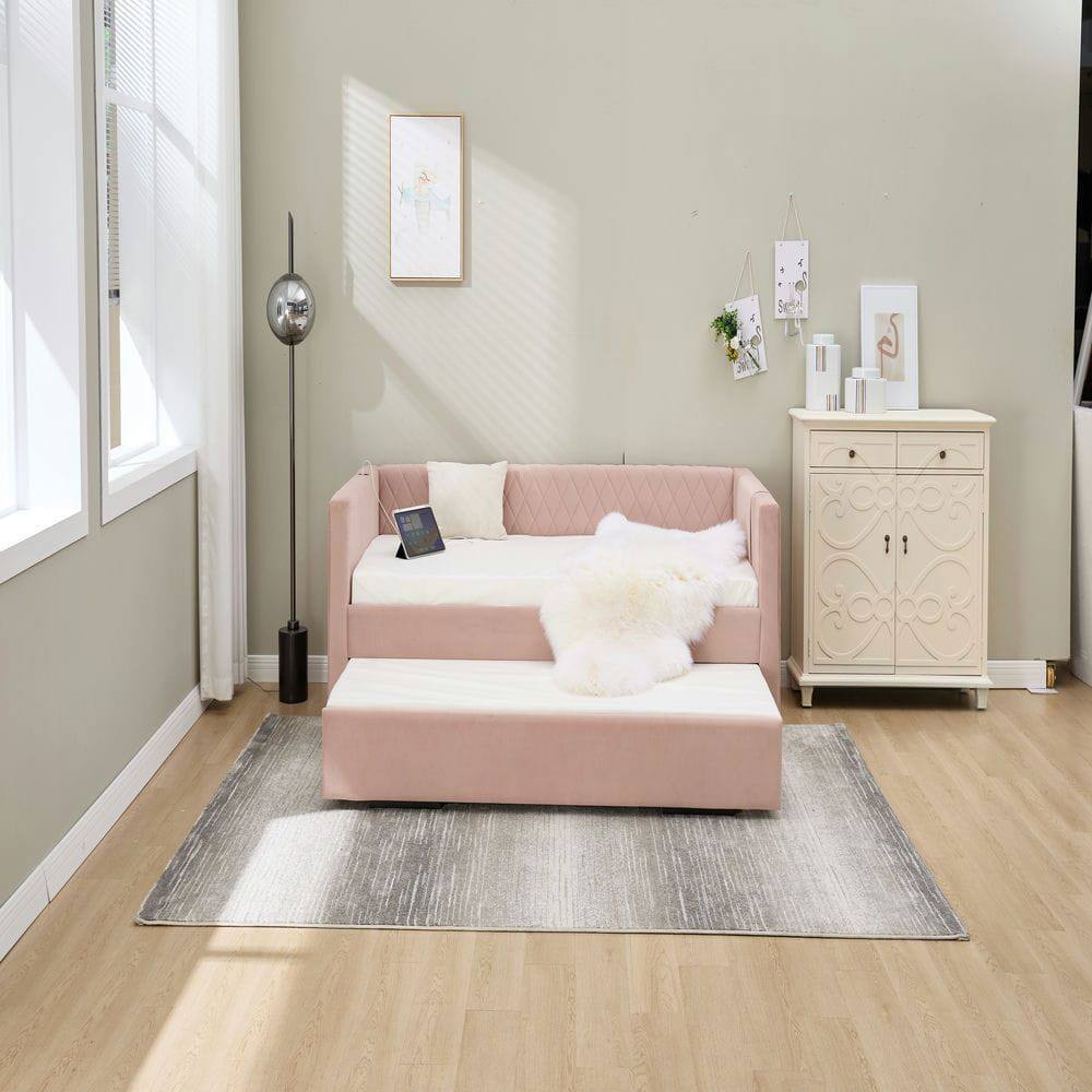 Angle. Kadyn - Velvet Daybed with Sturdy Wood Frame, Modern Diamond Grid Pull-Out Design for Bedroom Living Room - Pink.